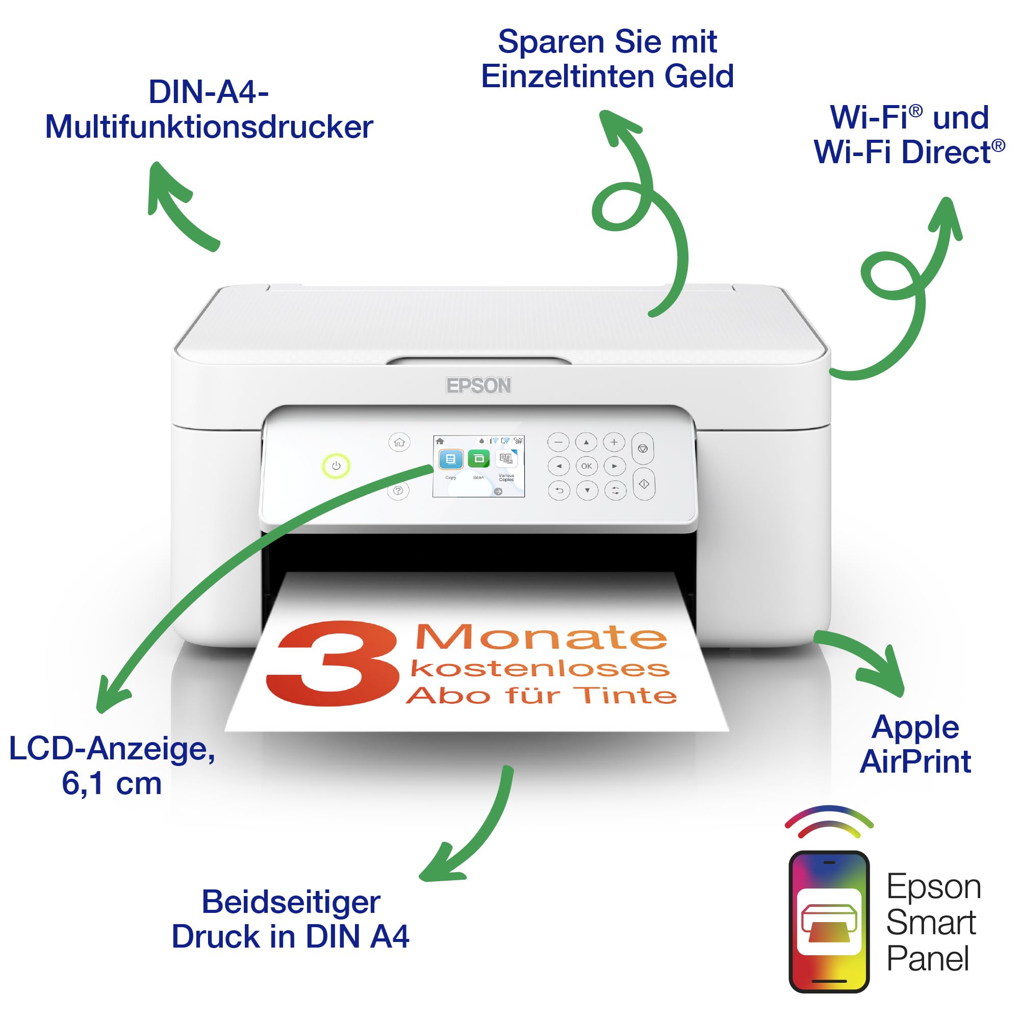 Epson Expression Home XP-4205 3-in-1-Tinten-Multifunktionsdrucker, Scanner, Kopierer, WLAN, Einzelpatronen, Duplex, 2,4-Zoll-Display, DIN A4, inkl. 3 Monate ReadyPrint Flex-Tintentarif