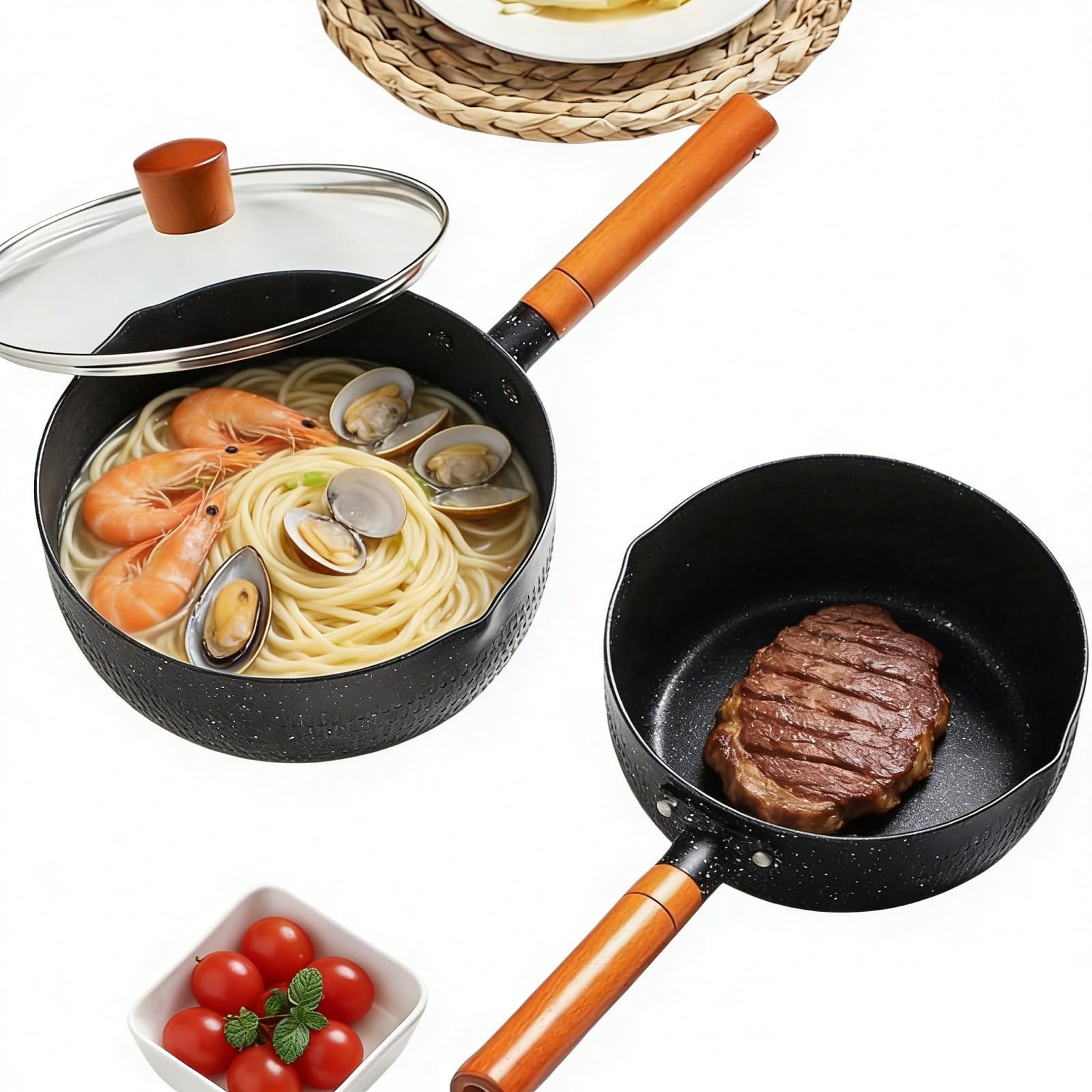 Snow Flat Pot, Glass Pot, IH Compatible, 7.1 inches (18 cm), Lightweight, Induction and Gas Stovetops, Wheat Stone Coating, Non-Stick, One-Handed Pot, Cut-out Sink, Easy to Clean, Steamer Included