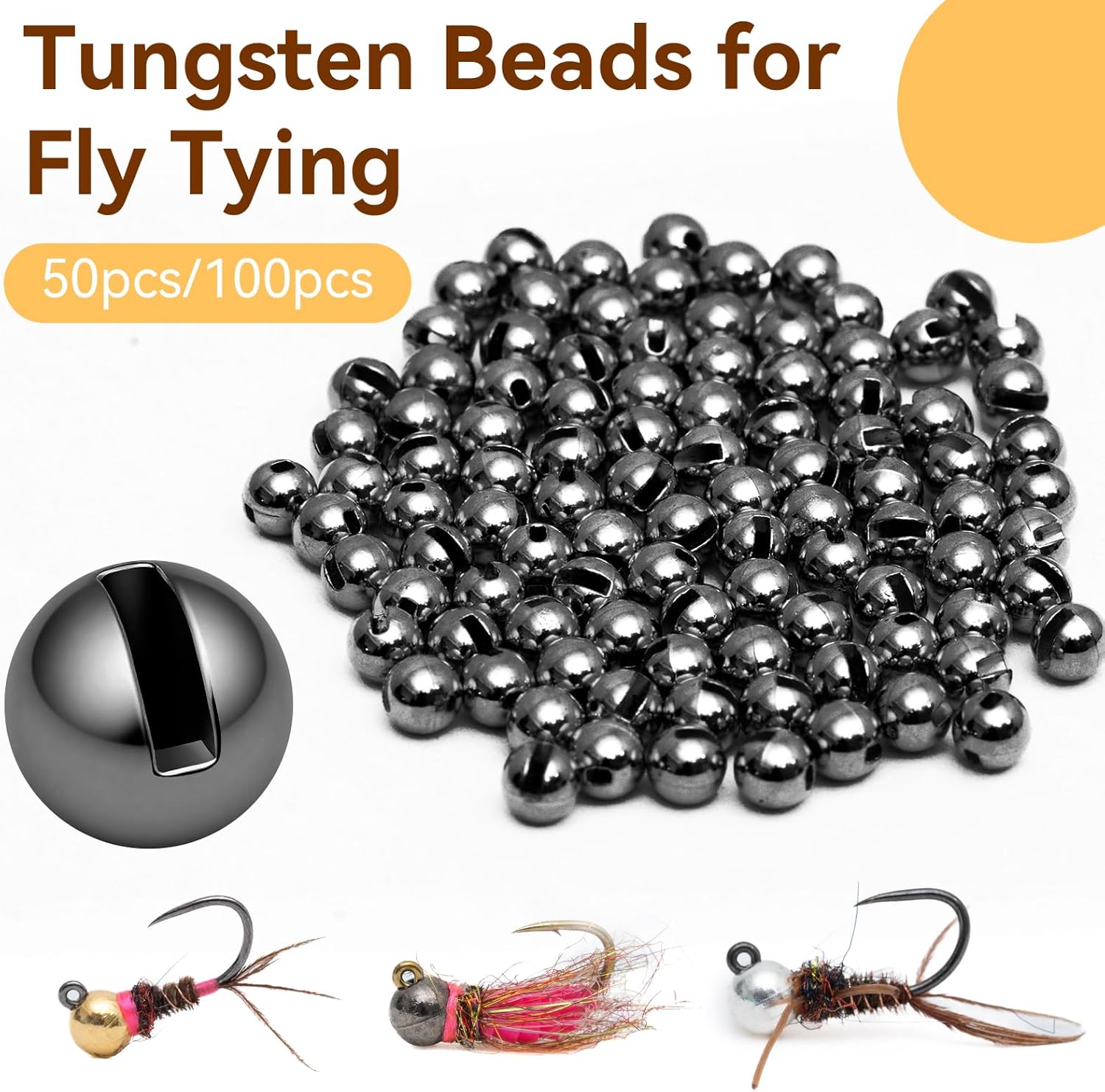 100pcs Tungsten Slotted Fly Tying Beads, 3 Colors & 13 Sizes (1.5-6.4mm), Fast Sinking for Nymphs, Wooly Buggers – Fly Fishing Beads Kit