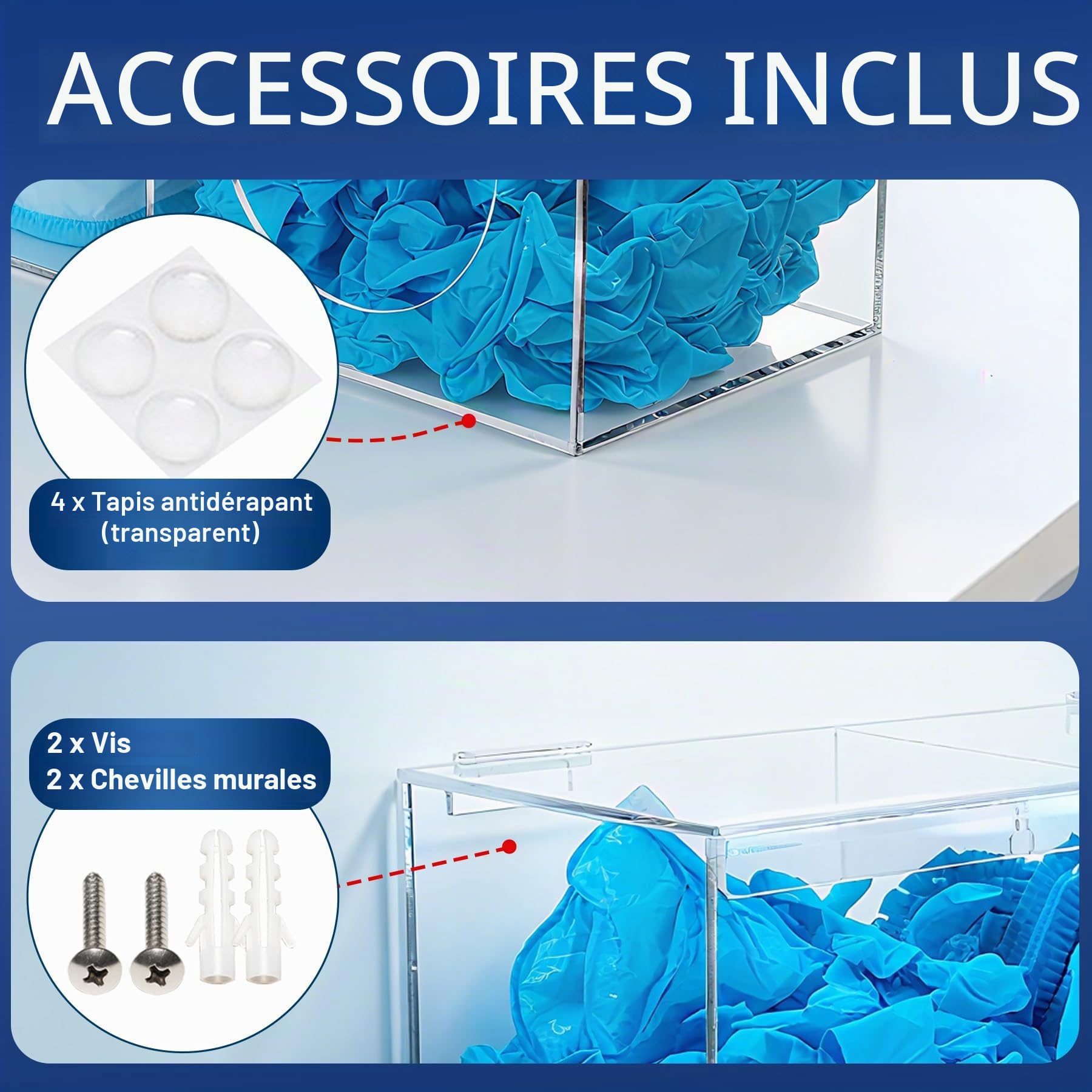 SEANADO Distributeur de gants en acrylique transparent avec couvercle, 2 compartiments, boîte de rangement hygiénique pour filets à barbe, filets à cheveux, sacs en plastique, couvre-chaussures