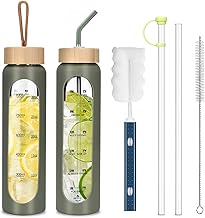 1000 ml Glass Water Bottle with 2 Bamboo Lids, Airtight Glass Bottle, Motivation Bottle with Time Marker and Silicone Protector for Sports/Camping/Travel, BPA Free