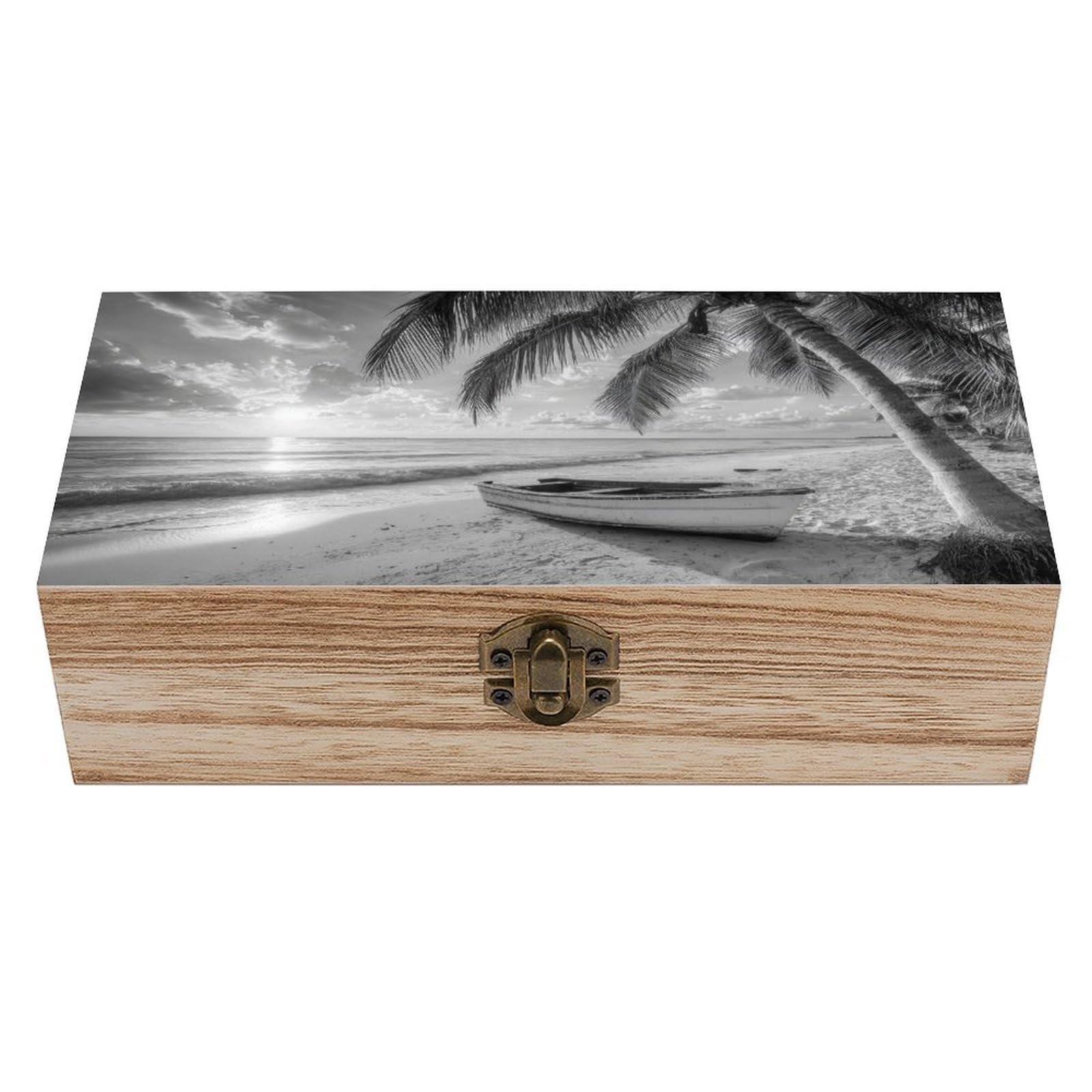 asbwuo Beach Boat Palm Trees Sunset Wooden Storage Box with Hinged Lid