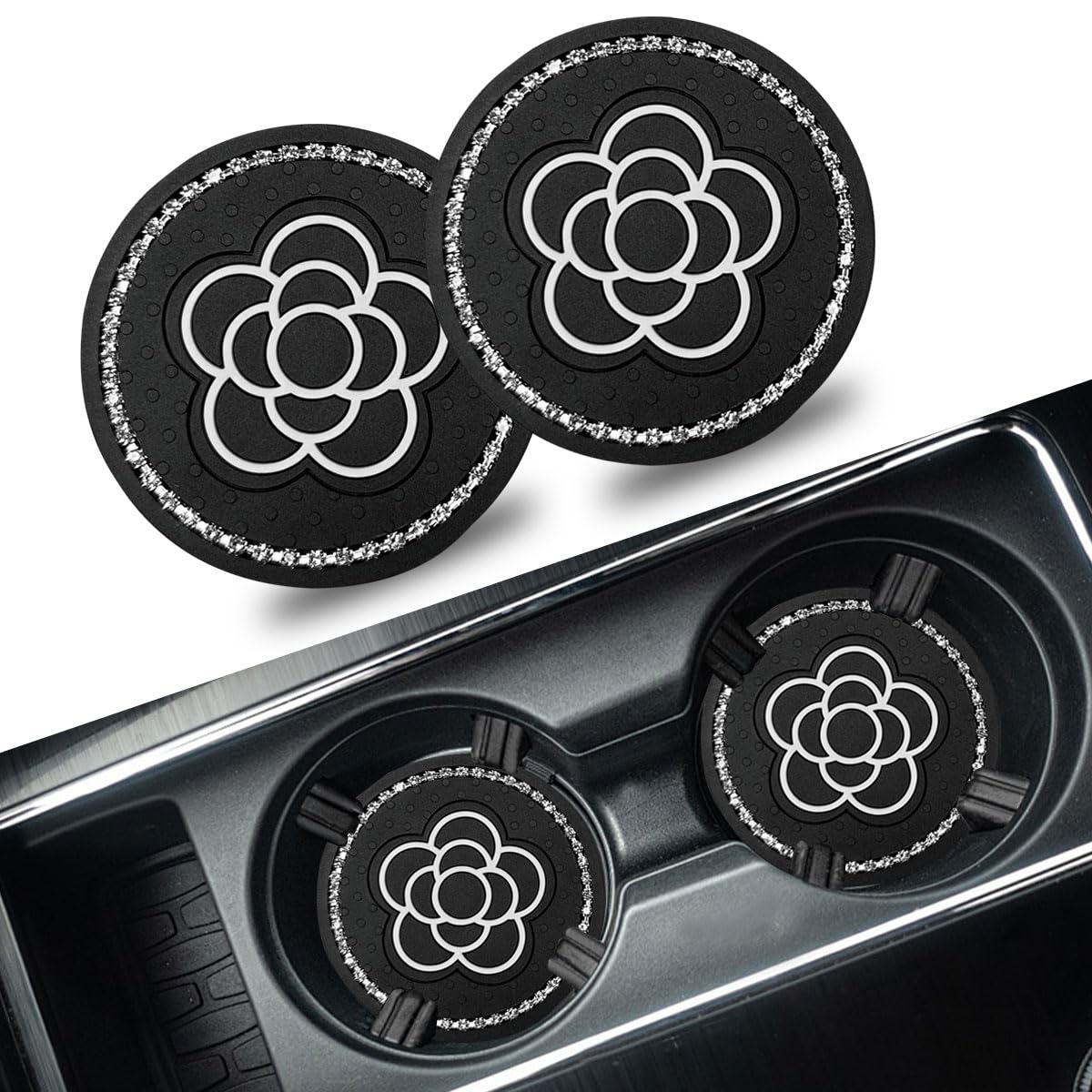 2PCS Bling Cup Coasters for Car PVC Anti Slip Car Coasters for Cup Holders Cute Flower Print Cup