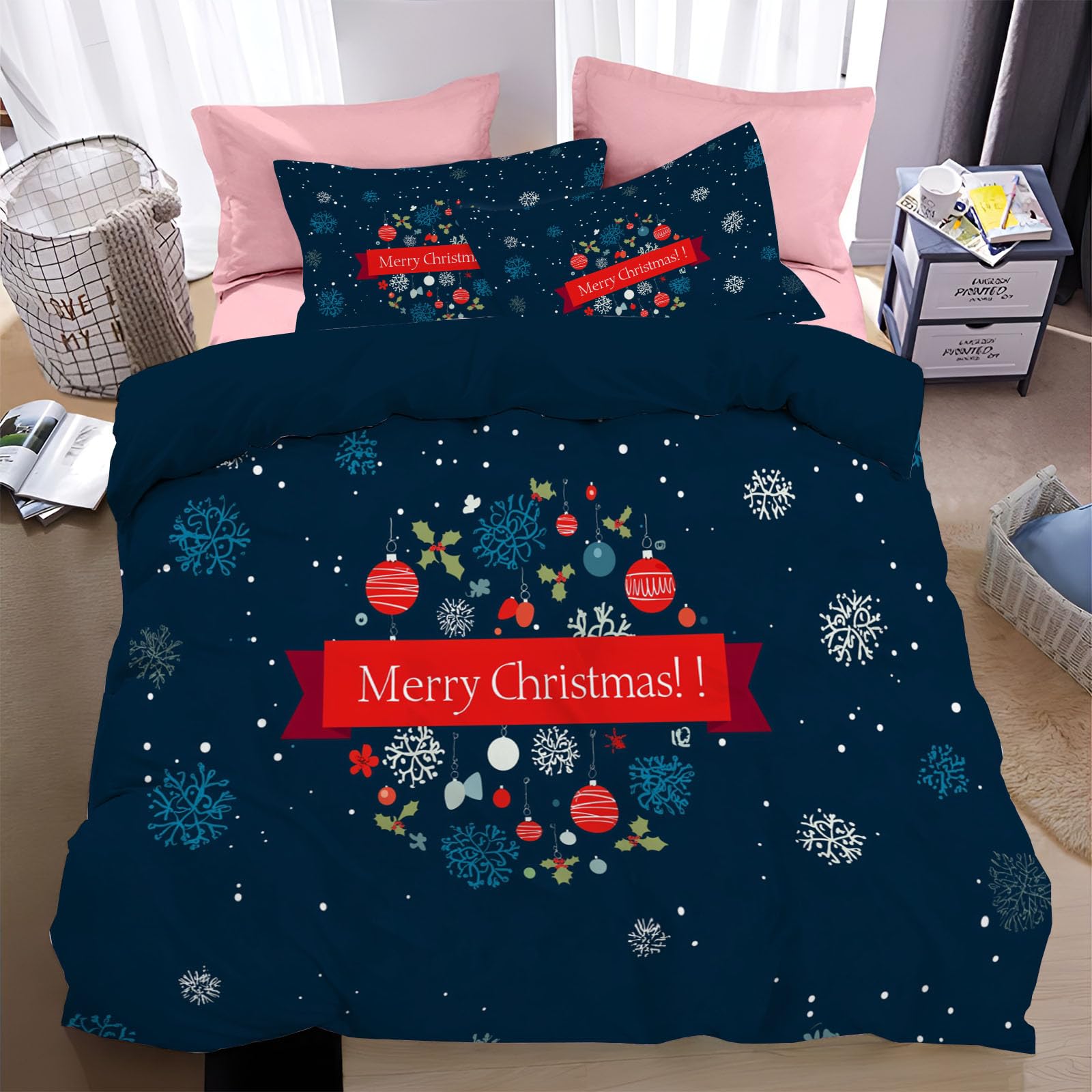 Housse de couette Joyeux Noël 240x260cm avec ruban rouge et taies