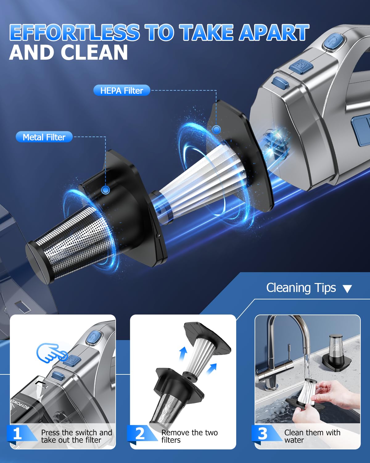 BQYPOWER Aspiradora de mano inalámbrica de 16000 PA, aspiradora de mano de succión fuerte, aspiradora de polvo, inalámbrica, recargable con múltiples accesorios, aspiradora portátil de alta potencia