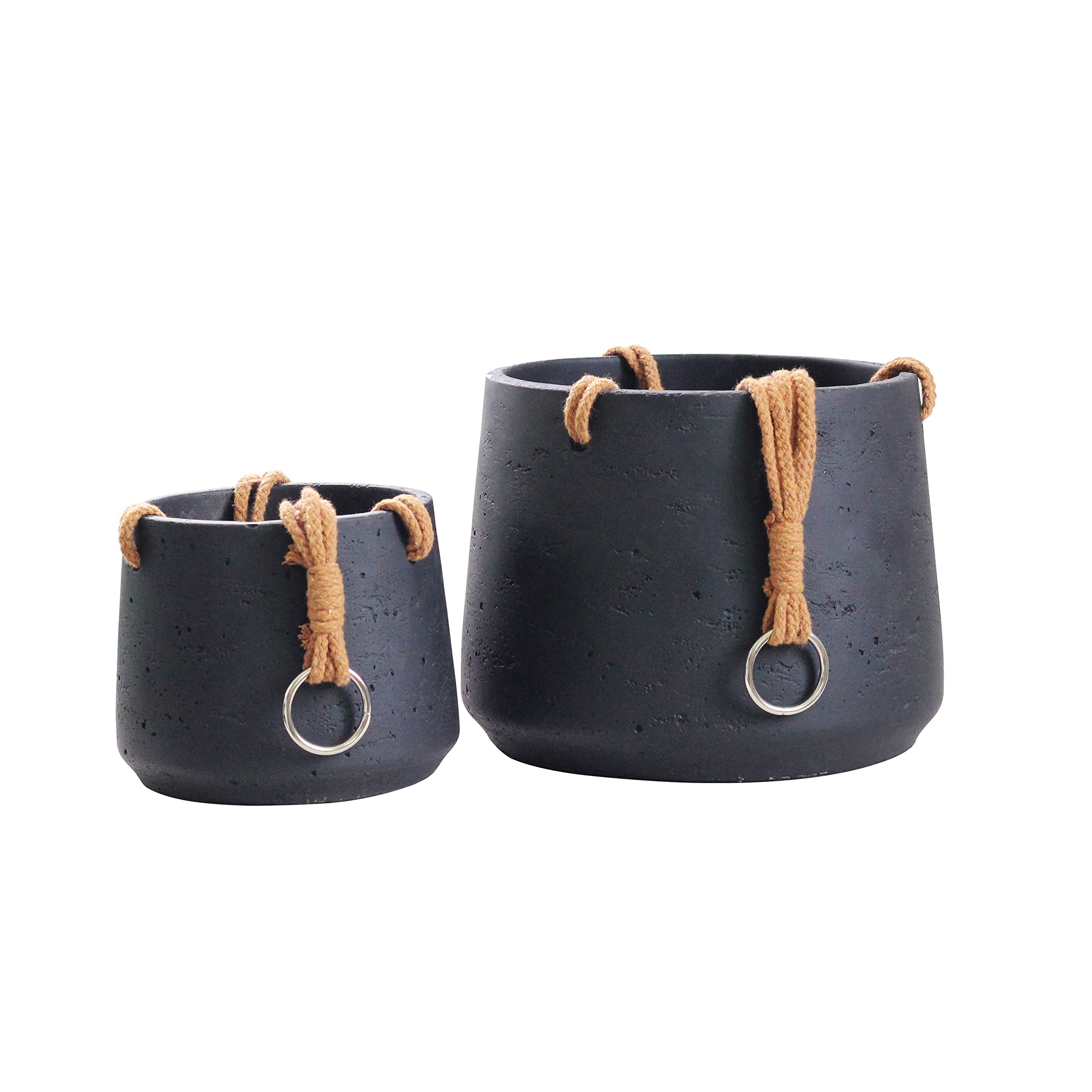 Copenhagen Matt Black Ceramic Hanging Plant Pot Set of 2 - Includes Hanging Rope - Ceramic Cement Hanging Planters for Indoor & Outdoors - Textured Effect - Large & Medium Plant Pots