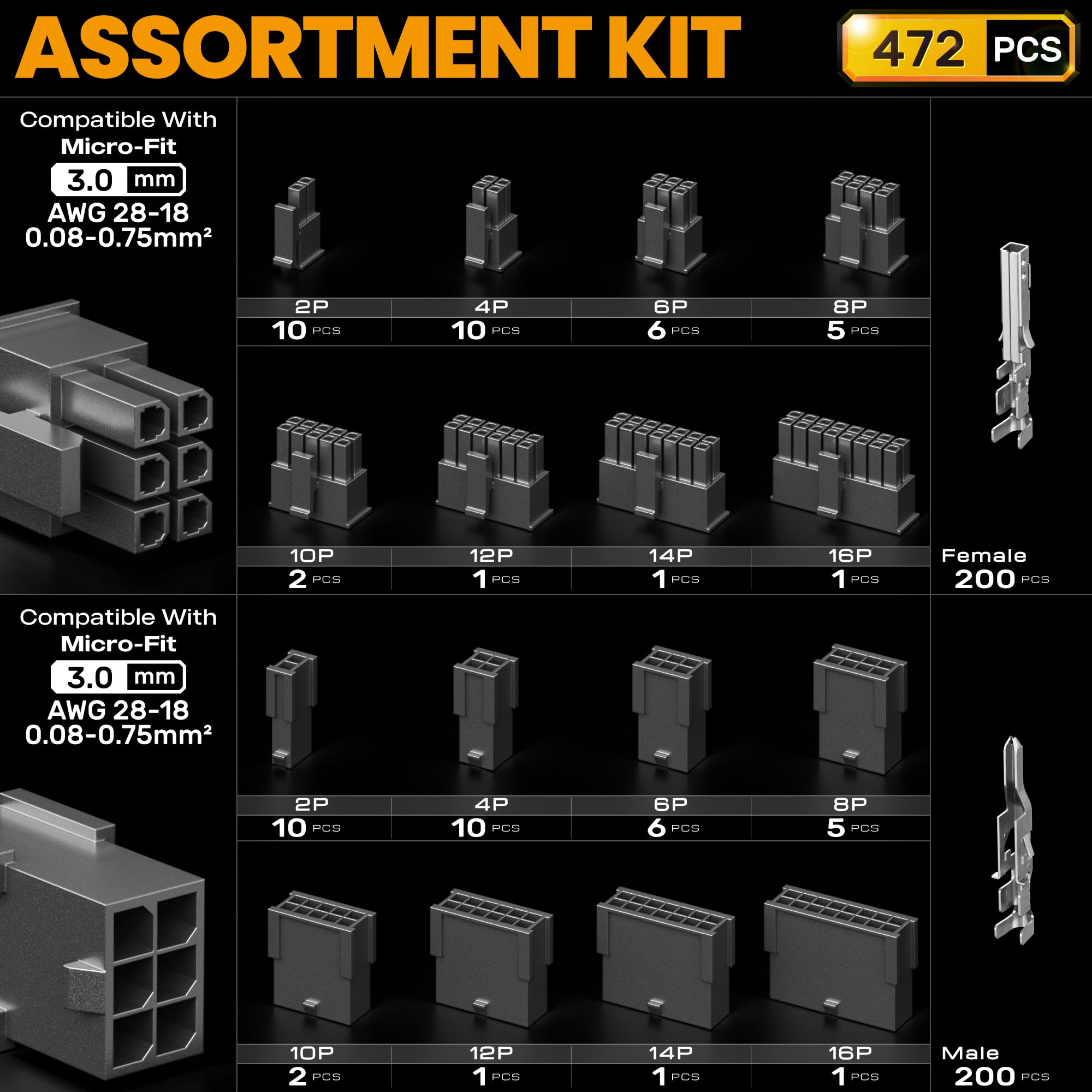 SOMELINE Crimpzange Micro-Fit 3,0 Stecker Set, 2-16 Polig (0,08-0,75mm²/28-18 AWG), mit Auspinwerkzeug, für 3D-Drucker, Modellbau, Robotik & SPS - Crimpwerkzeug kompatibel mit Molex, JST, Dupont, TE