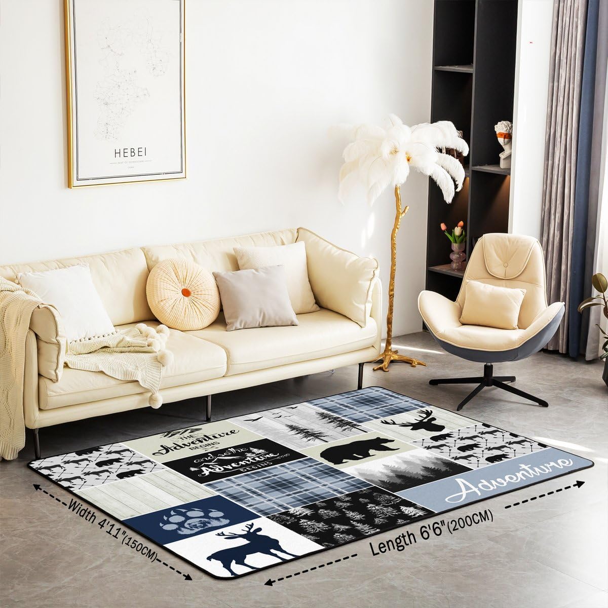 Erosebridal Rustic Deer Bear Decorative Carpet 5X7 Country Farmhouse Area Rug for Living Room Bedroom Cabin Lodge Decor Living Room Rugs Woodland Camping Grid Claw Indoor Floor Mat