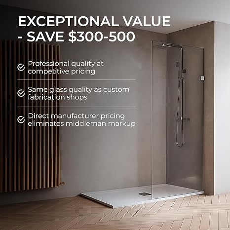 Fab Glass and Mirror 24x72 Frameless Shower Panel - 3/8 Thick Tempered Safety Glass - Fixed Bathroom Partition - Chrome Finish - Contemporary Design