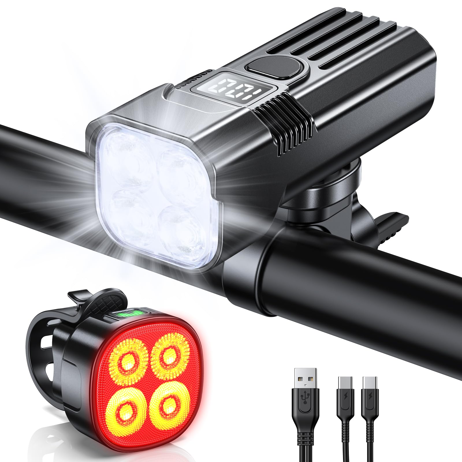 Mohard Lampe Vélo Avant et Arrière 2000LM Super Lumineux Rechargeable 3000mAh Étanche IP65