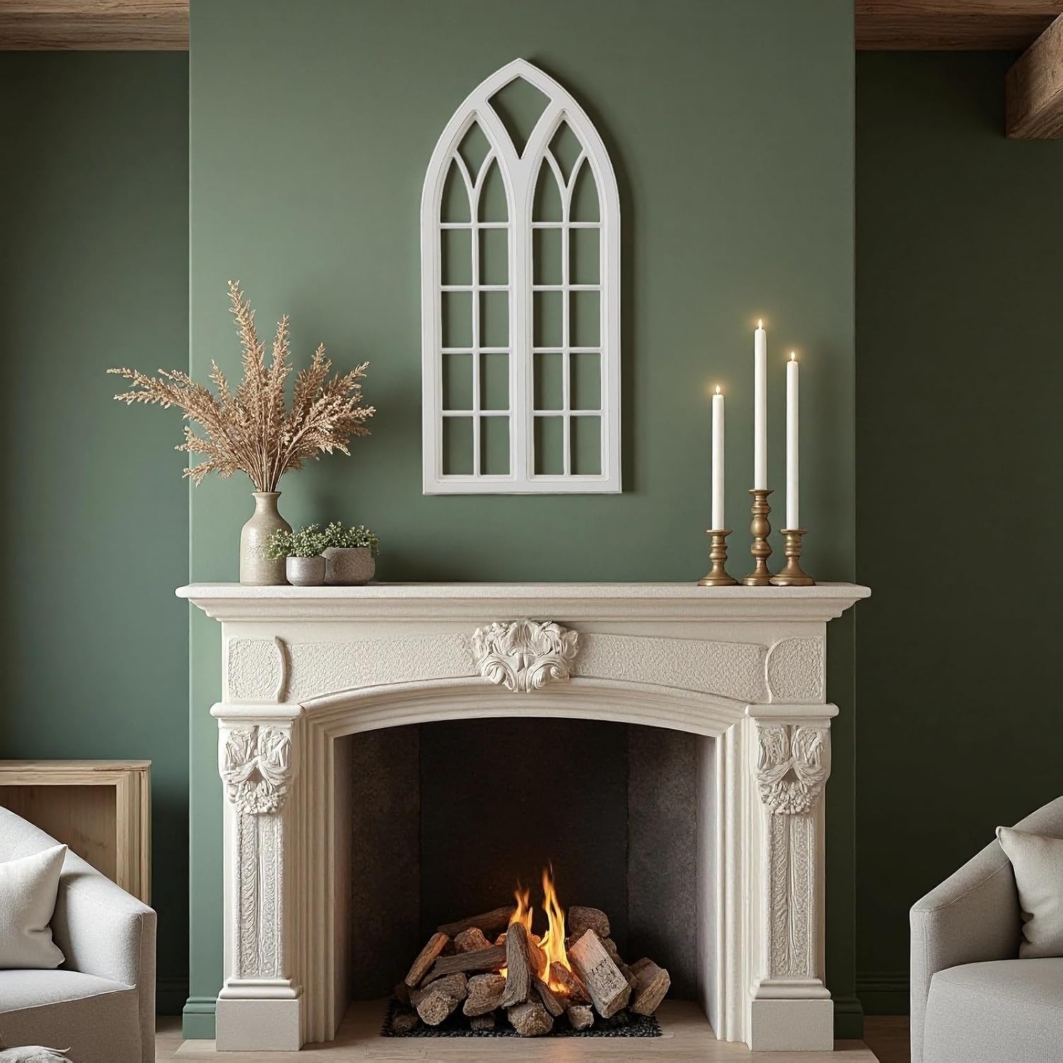 Sintosin Large Rustic Arch Window Frame Wall Decor 50 X 23 Inches, Hanging Distressed White Cathedral Wall Decor Living Room, Farmhouse Wooden Faux Window Frames for Bedroom Hallway Entryway