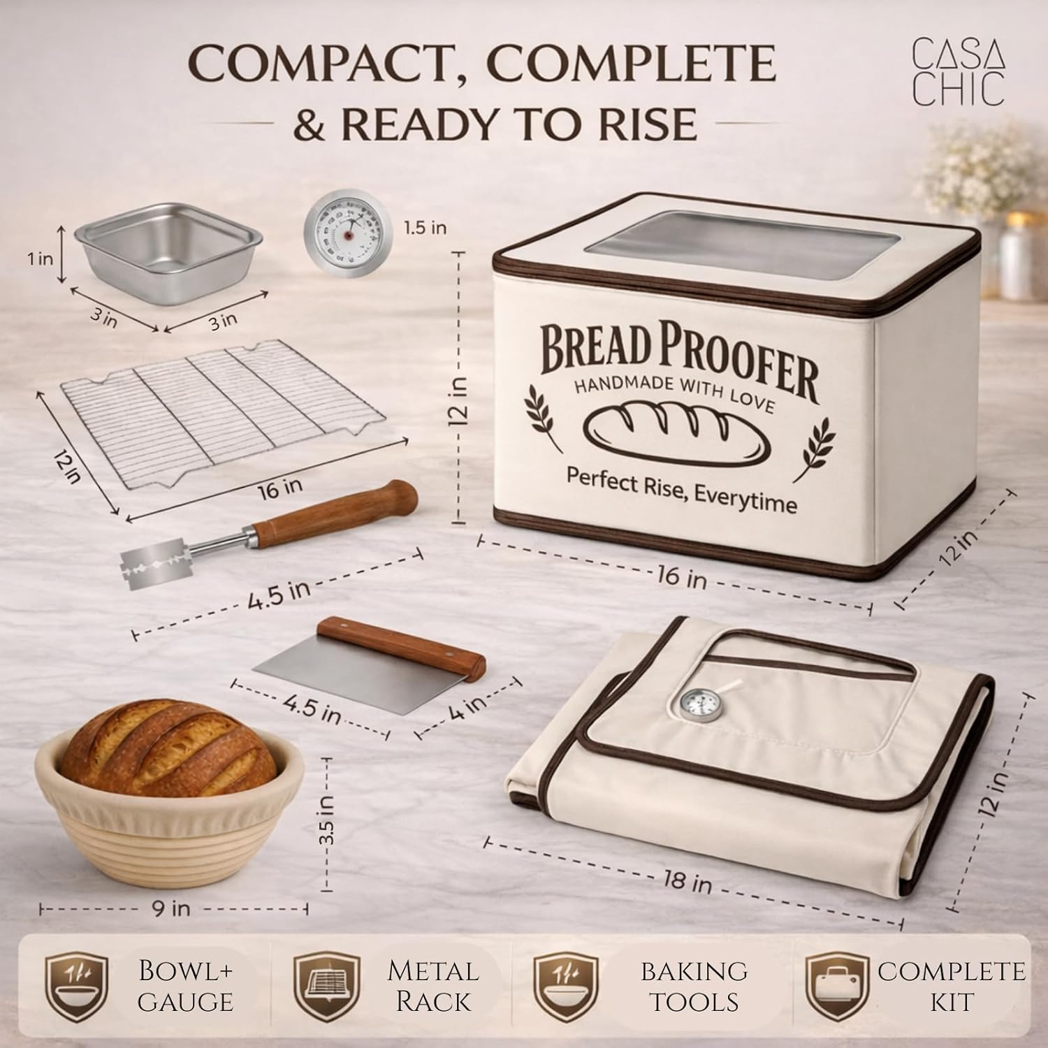 Bread Proofing Box - Folding Dough Proofer - Foldable Sourdough Warmer - 70-158°F Temp and 48H Timer Controller - Bread Making Kit with Dough Warming Box, Banneton Basket, Lame, Scraper, Metal Rack