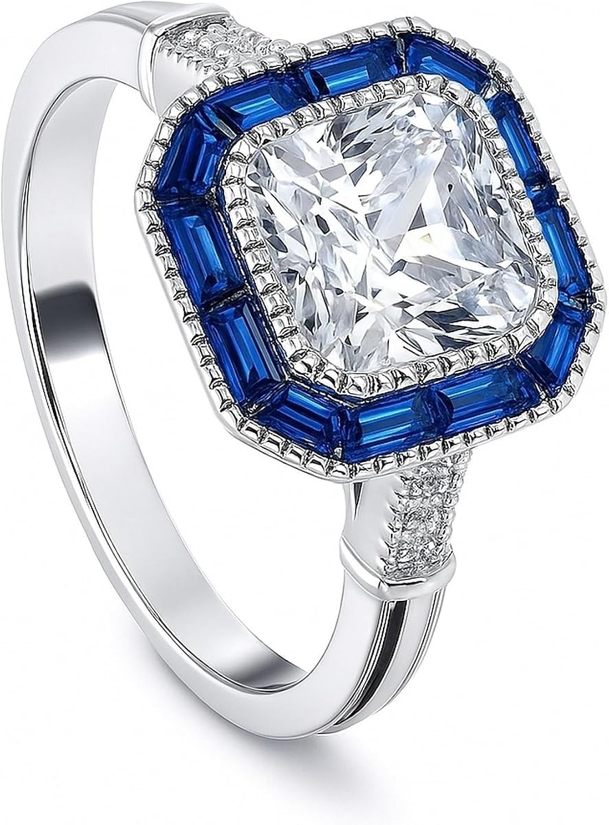 Sterling Silver Halo Art Deco Milgrain Ring for Women, Princess Cut Cubic Zirconia CZ