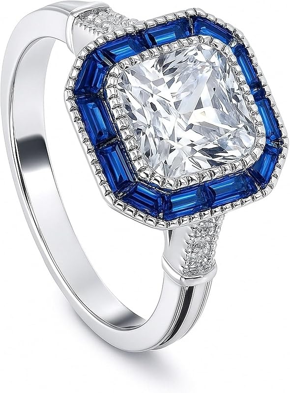 Sterling Silver Halo Art Deco Milgrain Ring for Women, Princess Cut Cubic Zirconia CZ