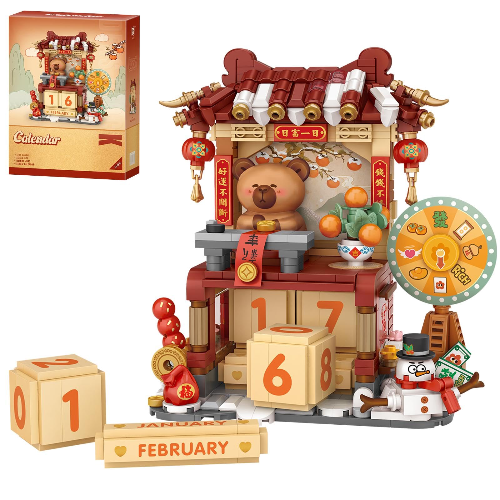 MEIEST Adult Perpetual Calendar Building Blocks Set,Cute Bear Chinese Style Construction Building Bricks,Creative Gift Home Office Decor (Yellow Lucky Wheel)