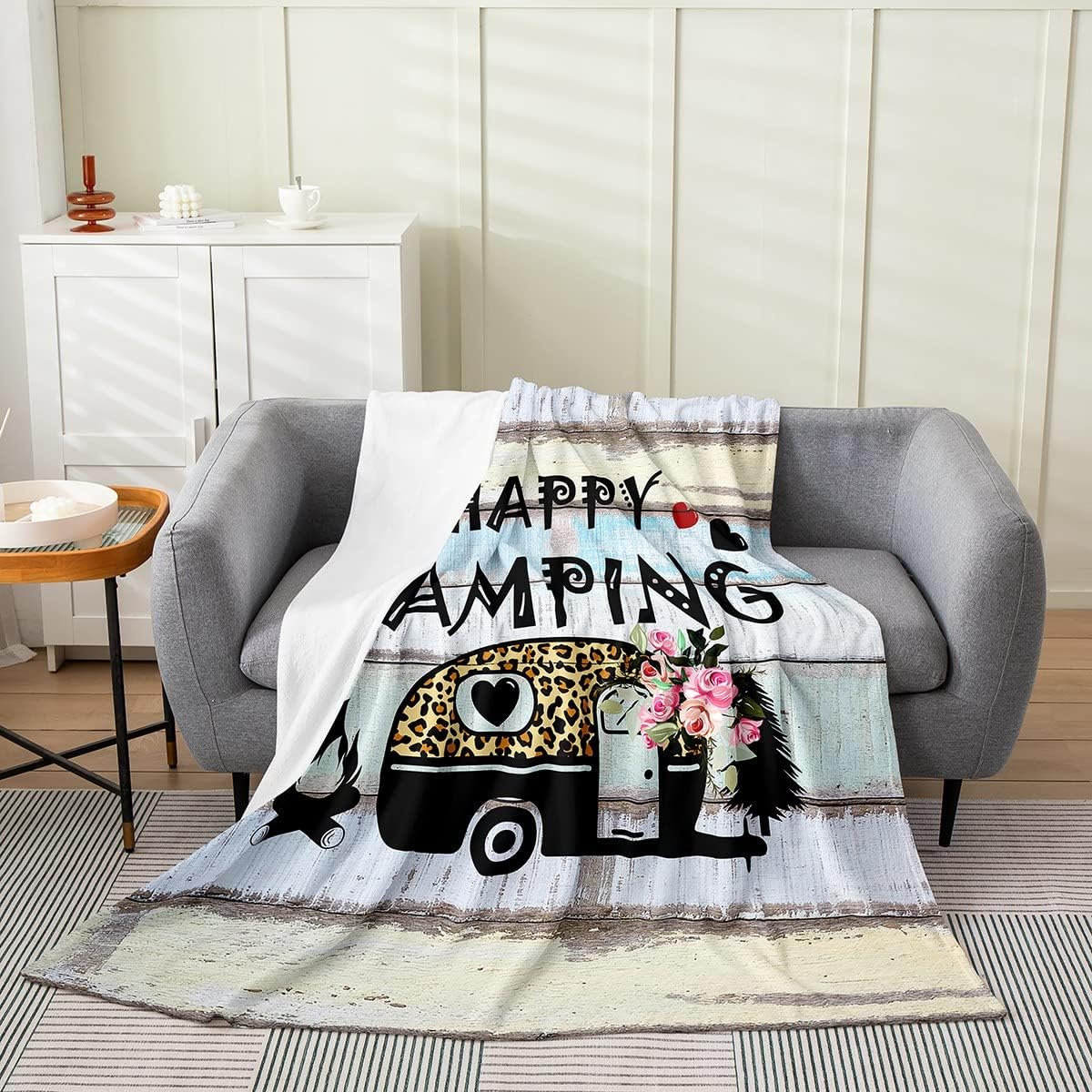 Camper All Season,Bed Blanket Happy Camping Plush Throw Blanket, Cartoon Camping Car Flannel Fleece Blanket for Bedroom Decor Floral Farmhouse Trailers Camper Throw 50"x60" Multi 11 Throw