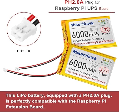 Miniatura 2 de MakerHawk Batería LiPo de 3.7 V 6000 mAh recargable 1S 3C baterías de polímero de litio con placa de protección cinta de goma aislada, enchufe PH2.0