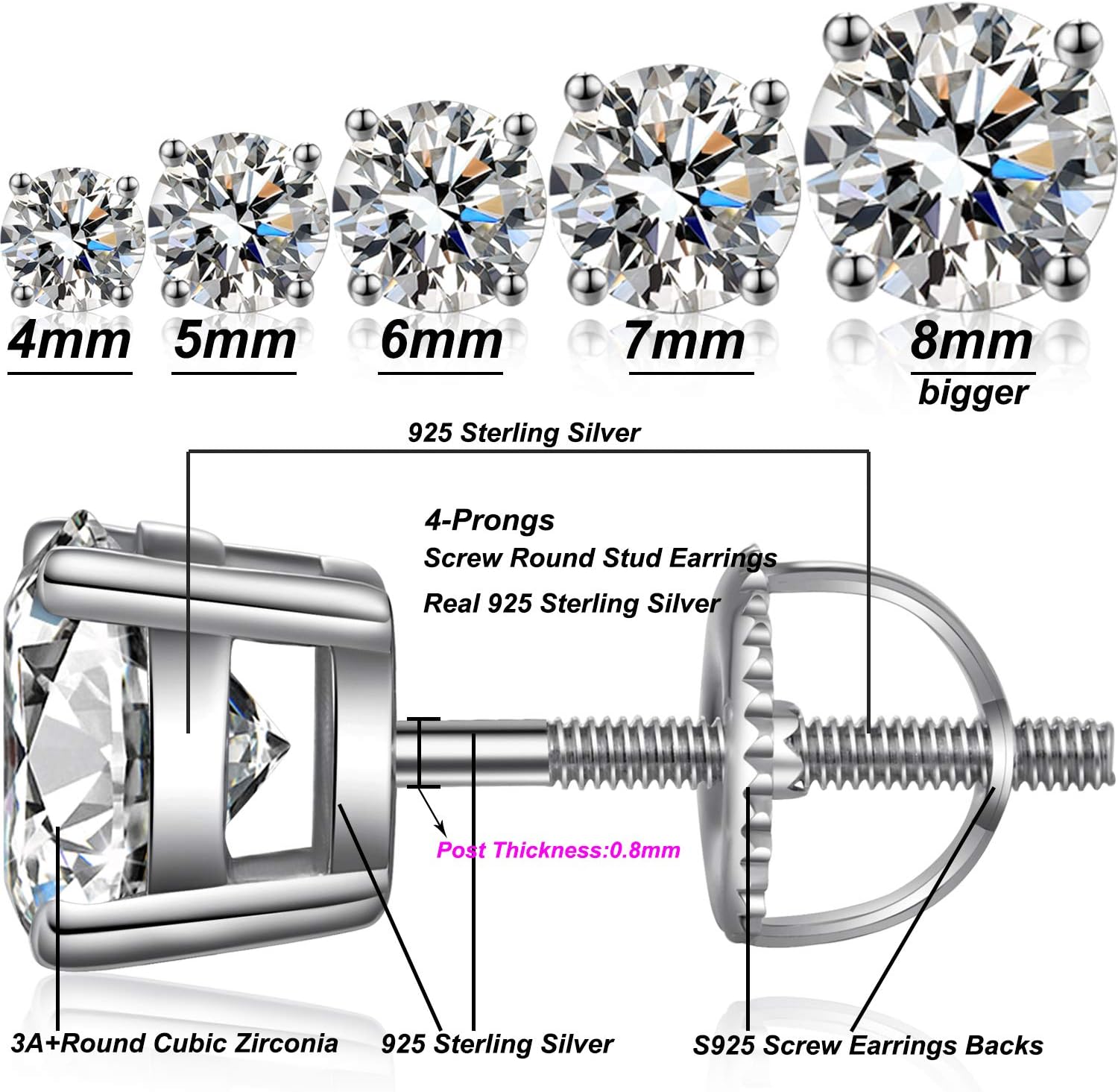 18K White Gold Plated Simulated Diamond Earrings for Men Women Cubic Zirconia Stud Earrings 925 Sterling Silver Screw Back CZ Stud Earrings 4MM-8MM for Unisex