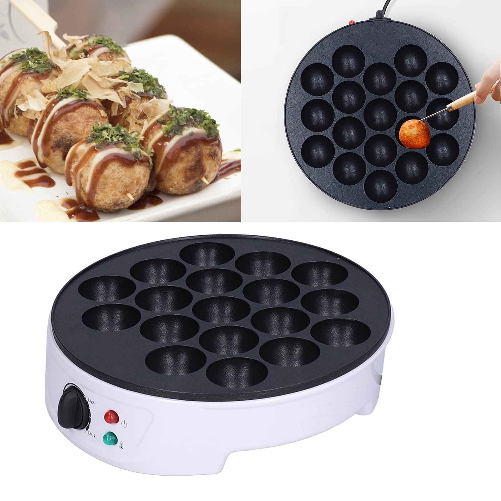 Gaufrier Takoyaki Électrique, 750W, 18 Trous, Plaque Antiadhésive, Chauffage Bilatéral, pour la Préparation de Boulettes de Poulpe, 220-240V