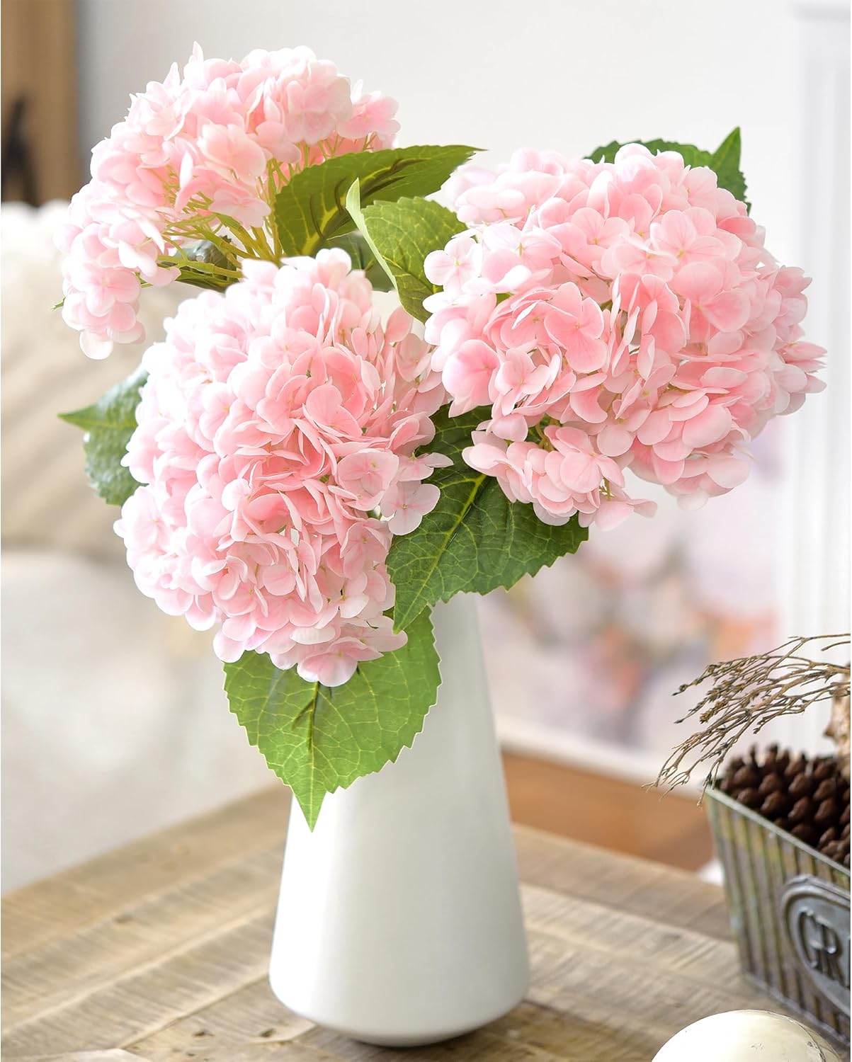 FiveSeasonStuff Real Touch Silk Pink Hydrangea Flowers, 2 Large Long Stem Artificial Flowers for Floral Arrangements