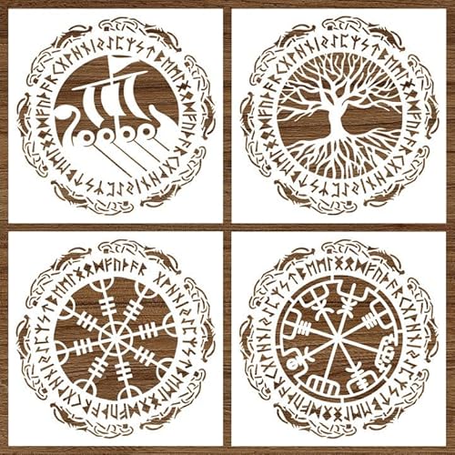 4 Pieces Viking Stencil Tree of Life Stencil Templates Reusable Drawing Viking Runes Amulet Stencils for Art Painting on Wood DIY Handicraft Home Wall Floor Decor