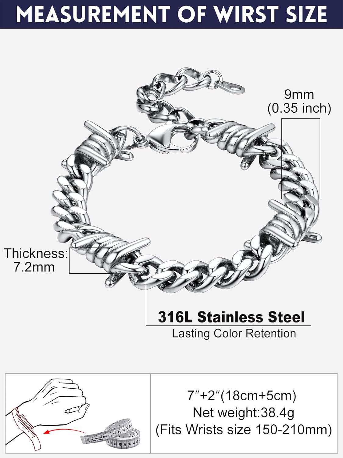 Bandmax Barbed Wire Chain Bracelets for Men Women Stainless Steel/Black/Gold Thorn Cuban Link Chains Bracelet Adjustable Punk Emo Style Jewelry - Image 6