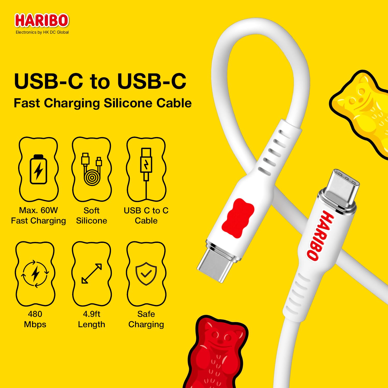 Haribo - Cable USB C a USB C (paquete de 2, 5 pies), carga rápida PD de 60 W, cables de carga USB 2.0 estilo oso de goma para iPhone, Samsung Galaxy