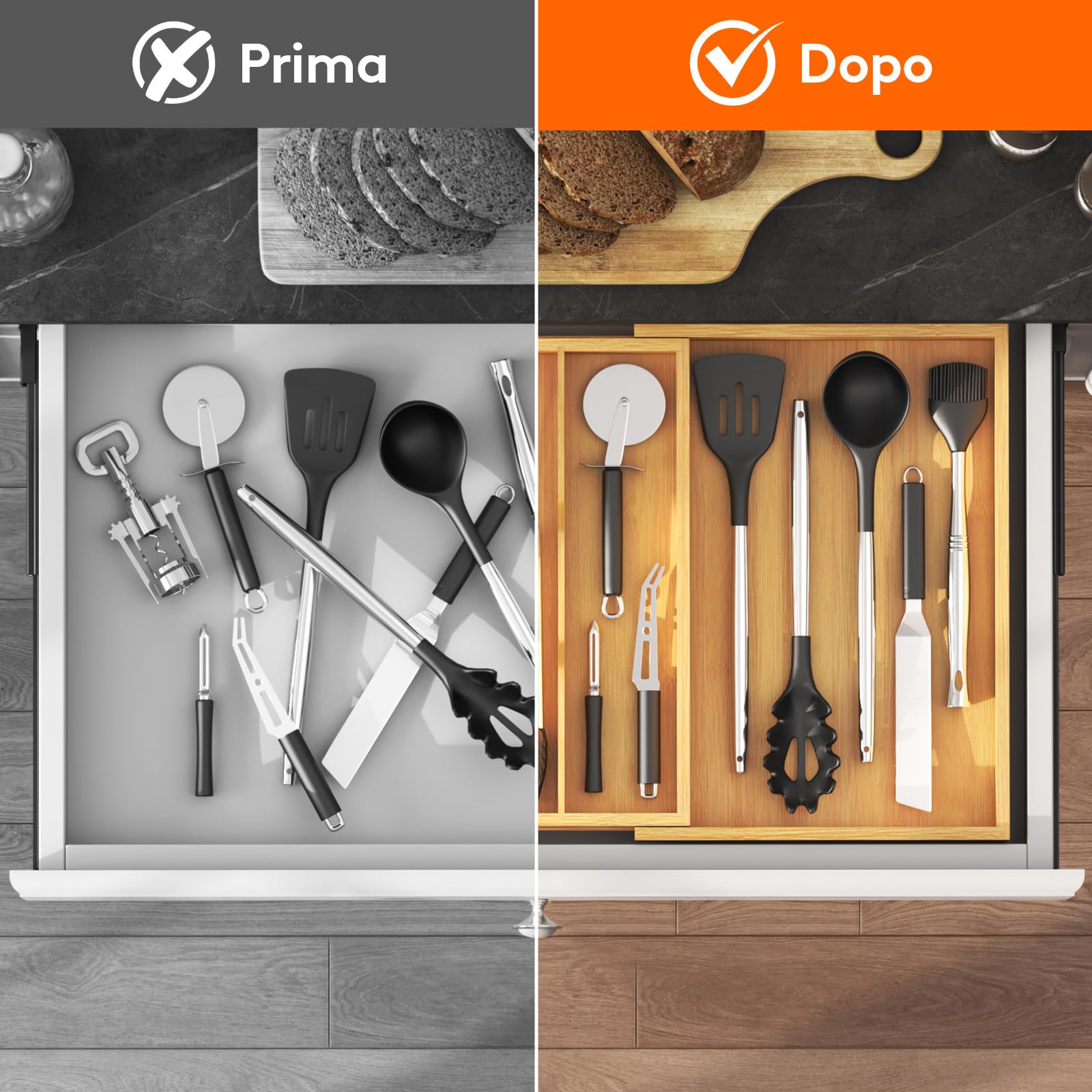 Lifewit Portaposate da Cassetto Espandibile da 3 a 4 Scomparti, Organizer Posate da Cassetto, Organizer Cucina in Bambù per Posate, Divisorio per Cassetti, Forchette, Coltelli, Cucchiai, Naturale