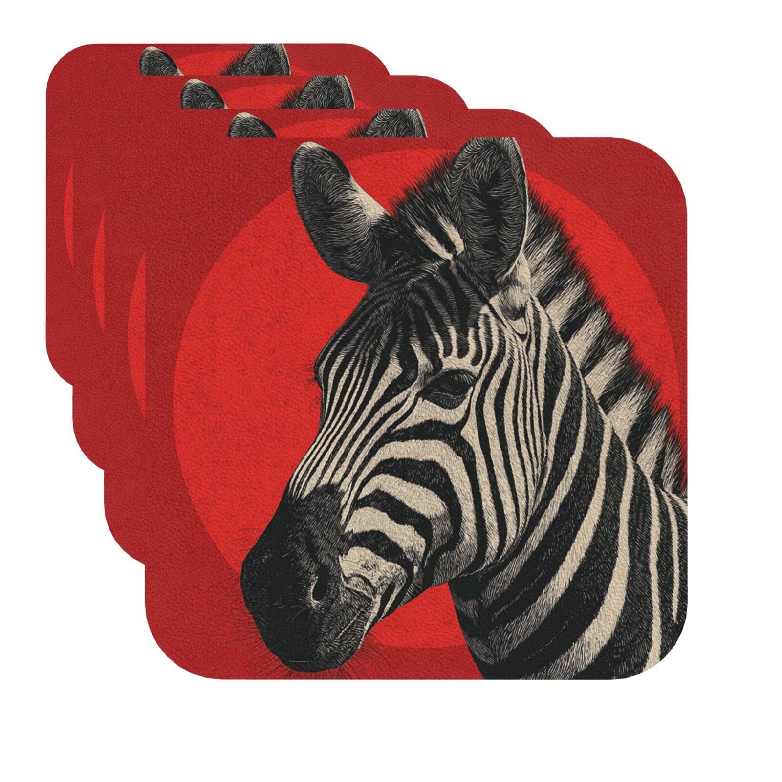 Drink Coasters Set of 4 Quick-Dry Leather Coaster Zebra Red Coasters for Drinks Coffee Cup Mat Tabletop Protection Heat Resistant Coaster for Kitchen Bar Office Home Decor