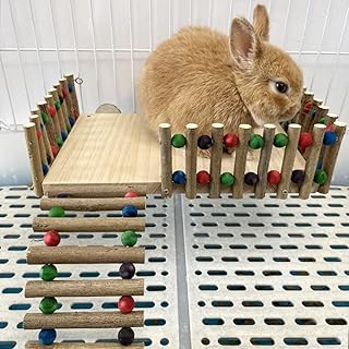 Rabbit Platform with Climbing Ladder, Bunny Perch Cage Toy Wooden Play Gym Stand, Natural Pine Wood Tray for Chinchilla Squirrel Hamster Guinea Pig, Birdcage Toy for Parrot Conure (Large)