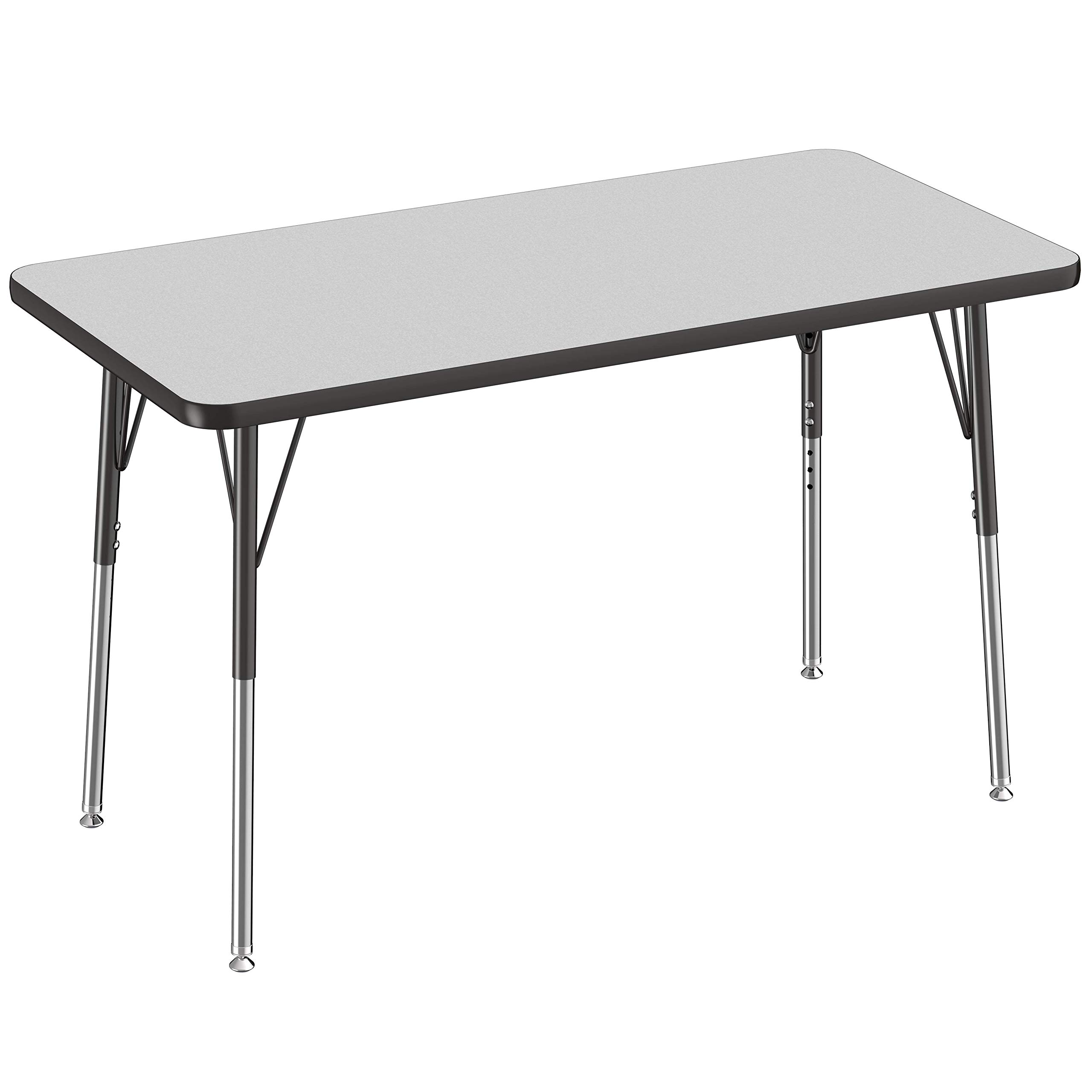 FDP Rectangle Activity School and Office Table (24 x 48 inch), Standard Legs with Swivel Glides, Adjustable Height 19-30 inches - Gray Top and Black