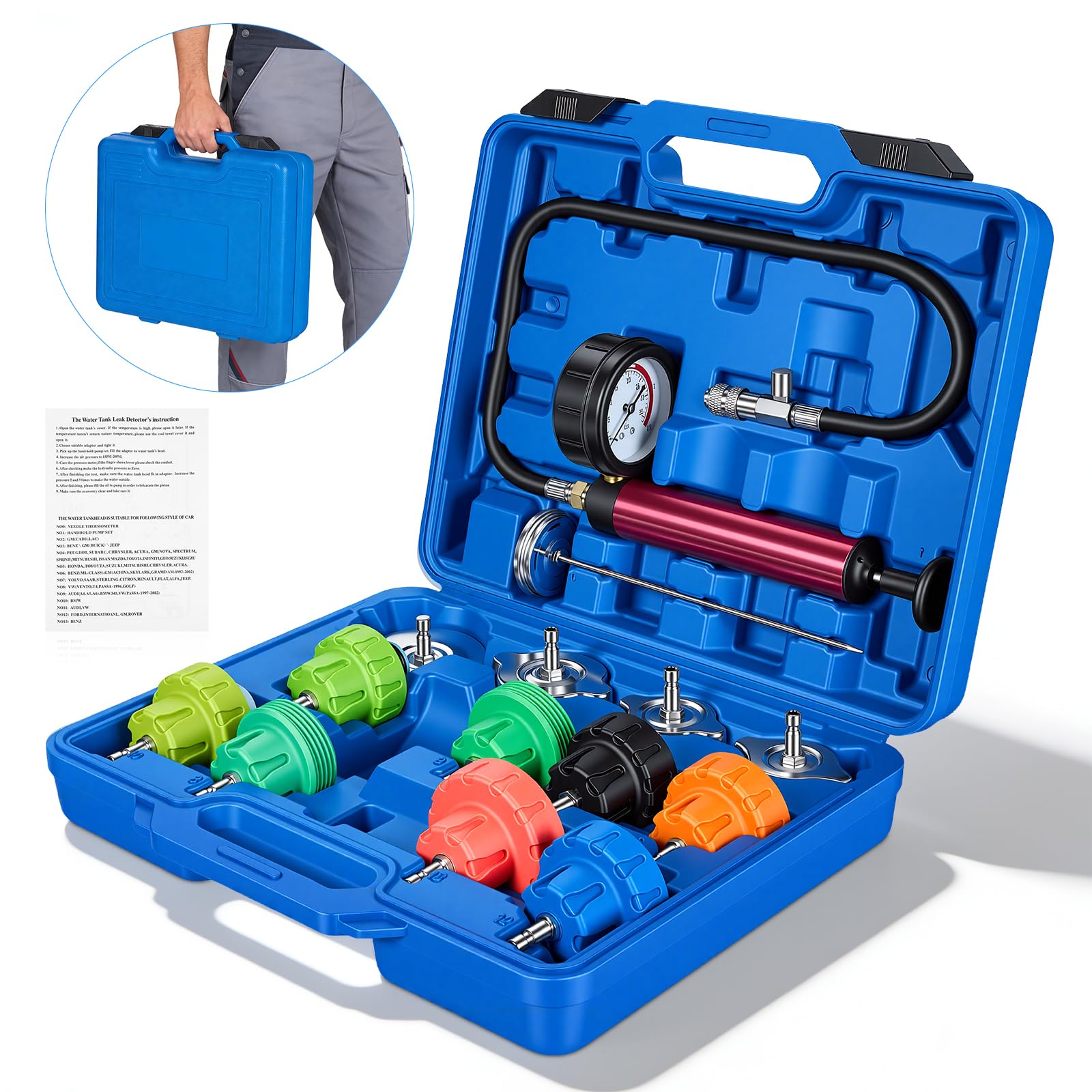 Tester Per Sistema Raffreddamento, 15 PCS Attrezzi Auto Tester 4 Adattatori Metallici 8 Tappi Prova Pompa Liquido Raffreddamento Rilevatore Perdite Serbatoio Dell'acqua Adatto Alla Maggior Parte Auto