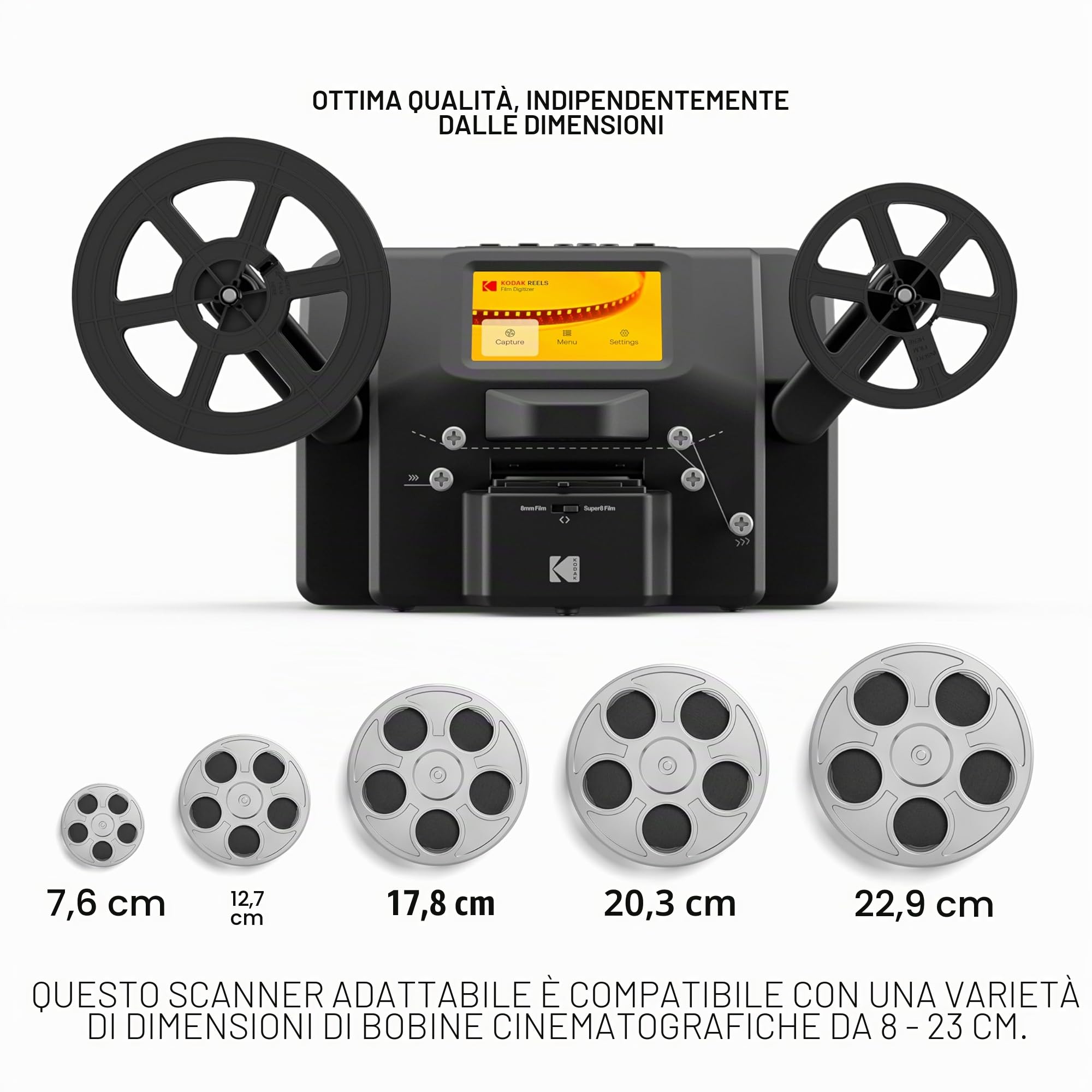 KODAK REELS Convertitore digitalizzatore di filmati da 8 mm e Super 8 con schermo grande da 5", lo scanner Converte il filmato fotogramma in fotogramma in file digitali MP4 per la visualizzazione