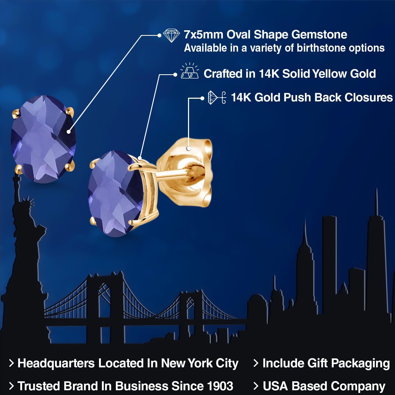 Gem Stone King 14K Yellow Gold Blue Iolite Double Notch Stud Earrings | 1.30 Cttw | Gemstone Birthstone | Oval Checkerboard 7X5MM | Gold Earrings For Women Men - Image 2