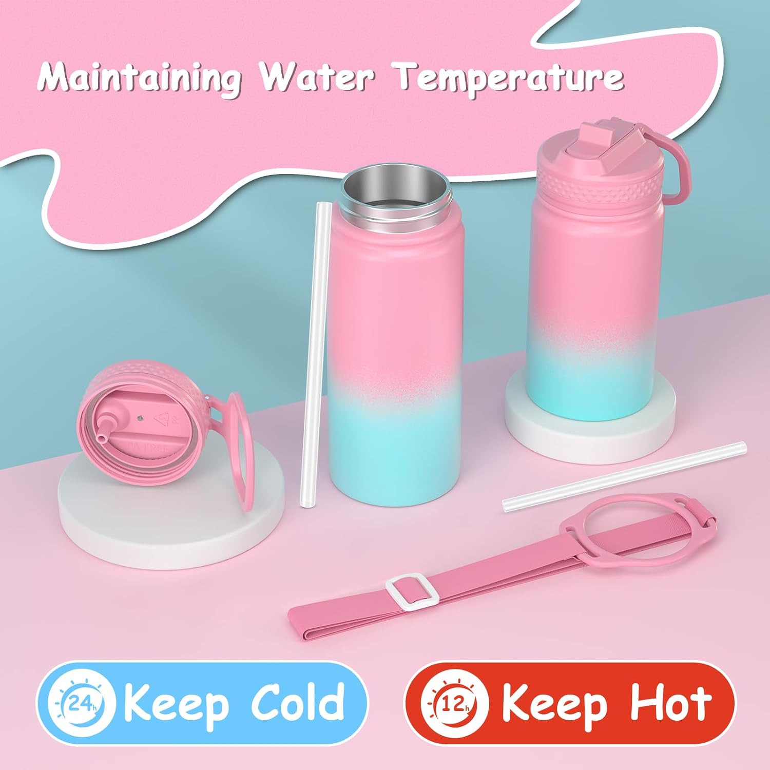 MURRICON 16oz Kids Water Bottle for School,Stainless Steel Water Bottles Kids with Straw,Vacuum Insulated Water Bottle for Kids,Gifts for Boys and Girls,PinkGreen - Image 3