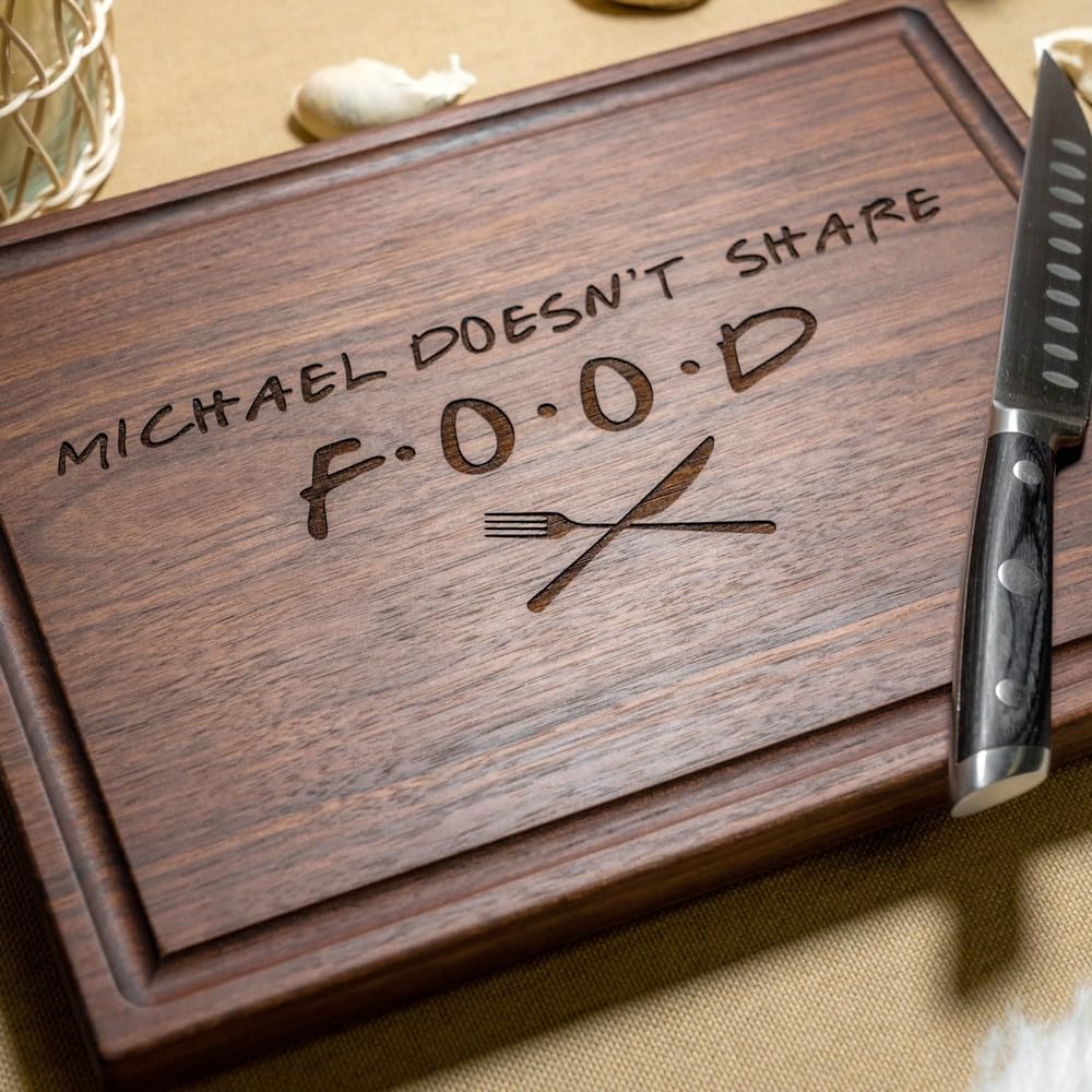 Personalized Hardwood Cutting Board - Friends Fan Gift, Joey Doesn't Share Food - Best Gift Idea for Fans of Chandler, Rachel, Monica, Joey - USA Made - "Joey Doesn't Share Food" Design 117