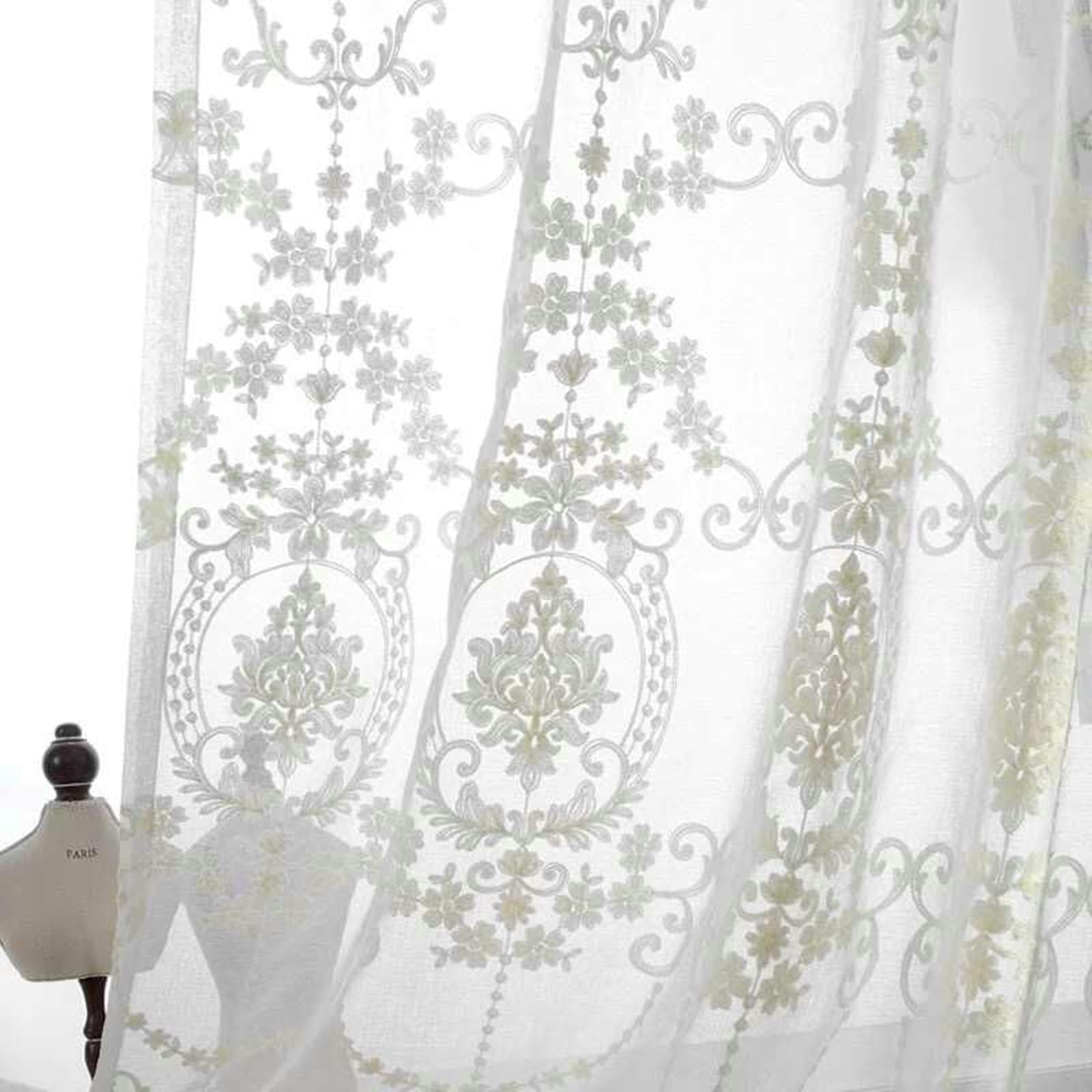 Cortina transparente KnSam blanca de gasa con flores bordadas para ventanas de salón (132x244 cm)