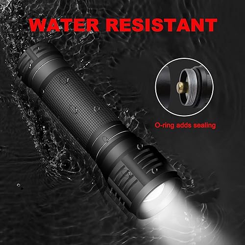 Miniatura 6 de Linterna LED táctica de grado militar, 3 modos, 3000 lúmenes, impermeable, con zoom, paquete de 4