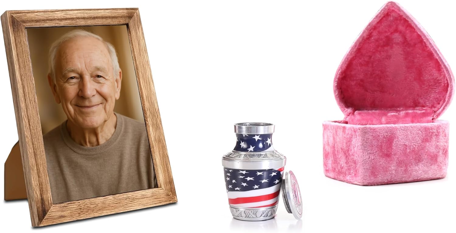 American Flag Keepsake Cremation Urn, Mini 3 Cu/in Memorial Urn with Photo Frame & Heart-Shaped Pink Box – Patriotic Decorative Token Urn for Ashes – Handcrafted Tribute for Loved Ones - Image 8