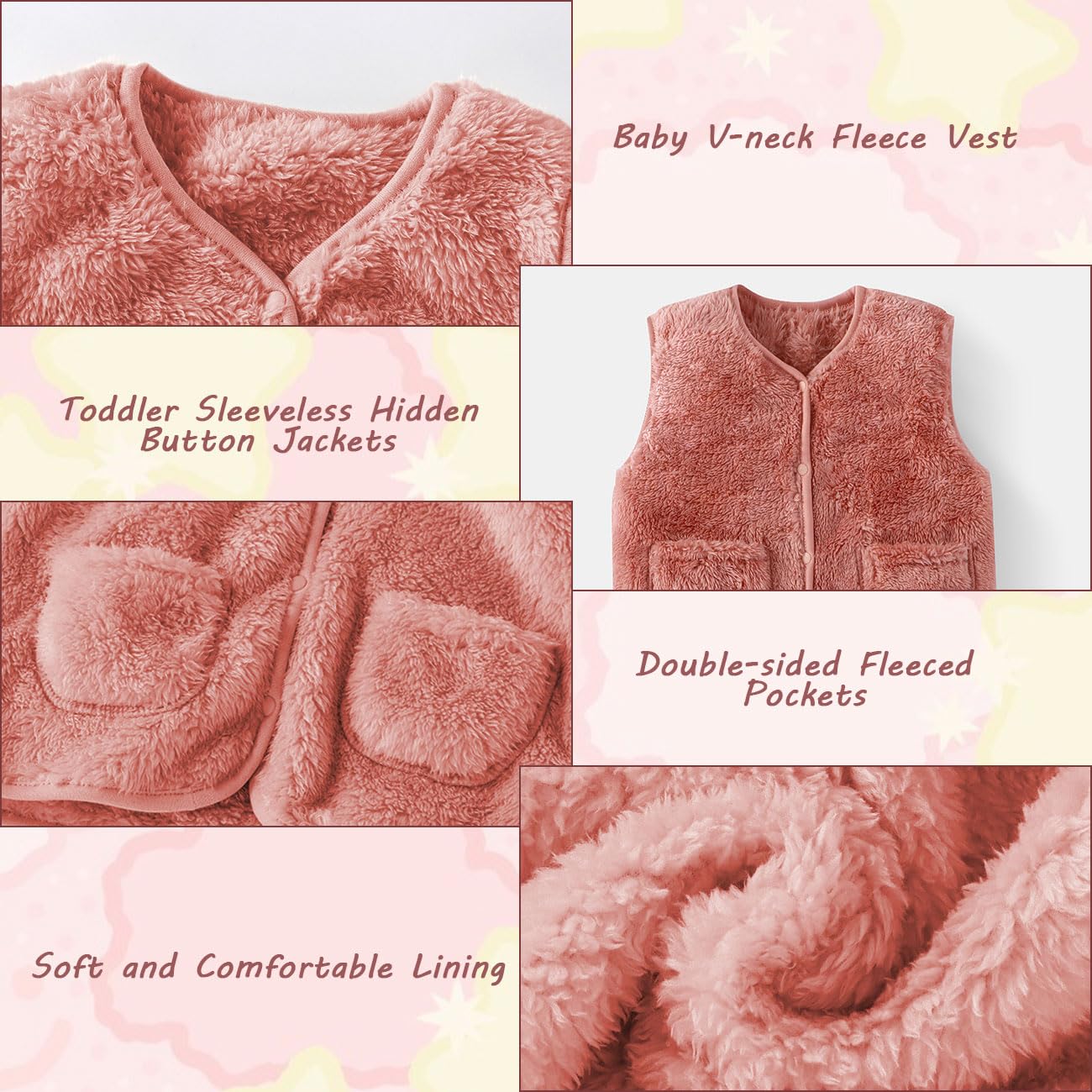 Bébé Fille Gilet Sans Manche en Polaire, Tout-Petit Mignon Fille Automne Hiver Veste sans Manches, Chaud Bouton-Pression Enfant Veste, Unisexe Vêtements avec Poches Beige/Rose, 1 à 7 Ans