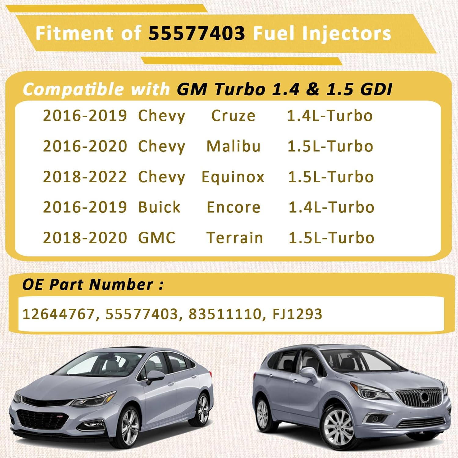 GM55577403 GDI Fuel Injectors,Compatible with 1.5 Malibu Equinox Terrain 2018-2020,Compatible with 1.4 Cruze Encore 2016-2019 |GM 1.4L & 1.5L Turbocharged|