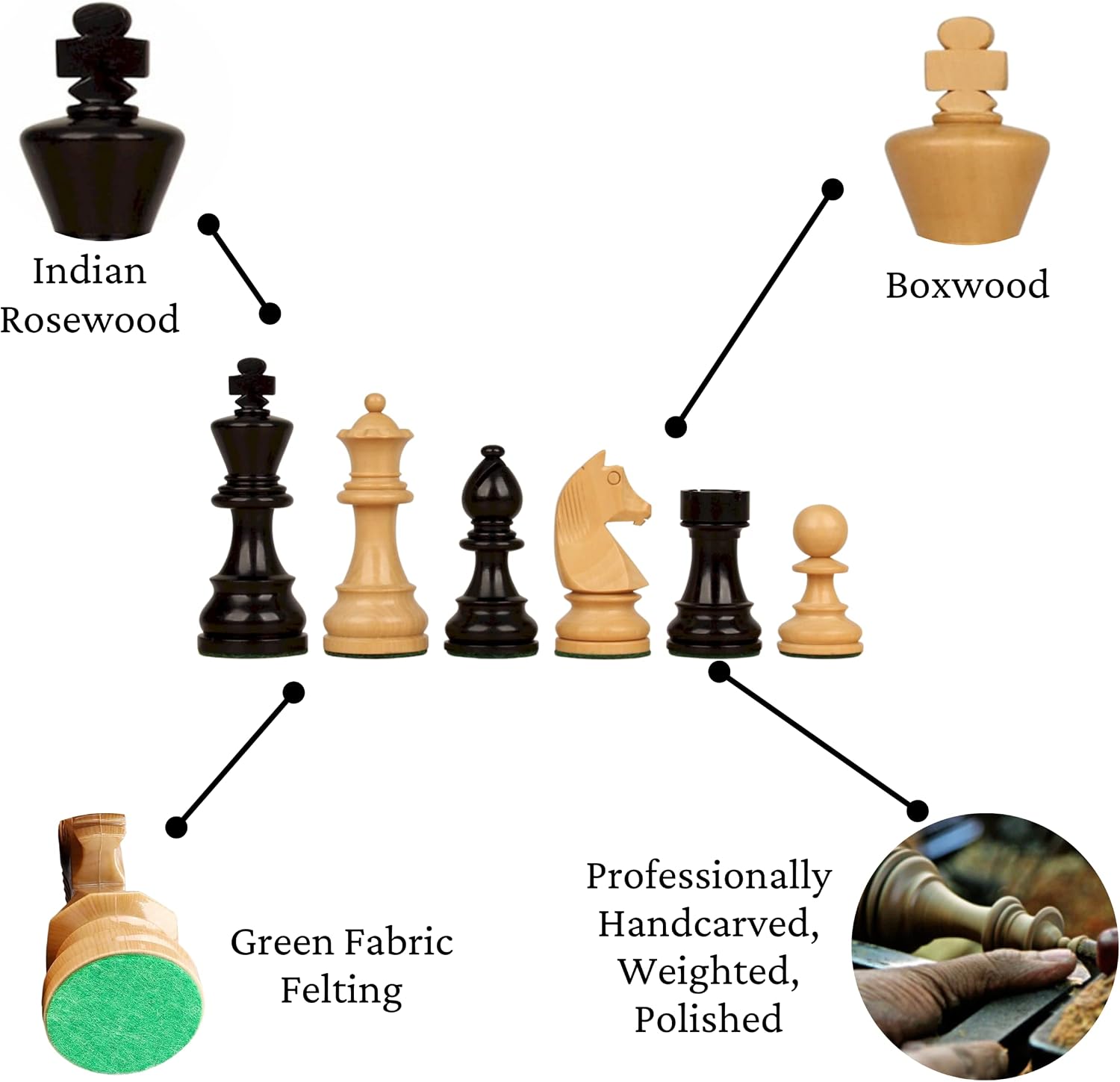 Hastha Kalalu | Official Tournament Staunton Style Chess Pieces, German Knight Luxury Wooden Chess Set, Hand Carved Weighted Chess Pieces (Ebonized Boxwood: Boxwood, 3.75 Inches)