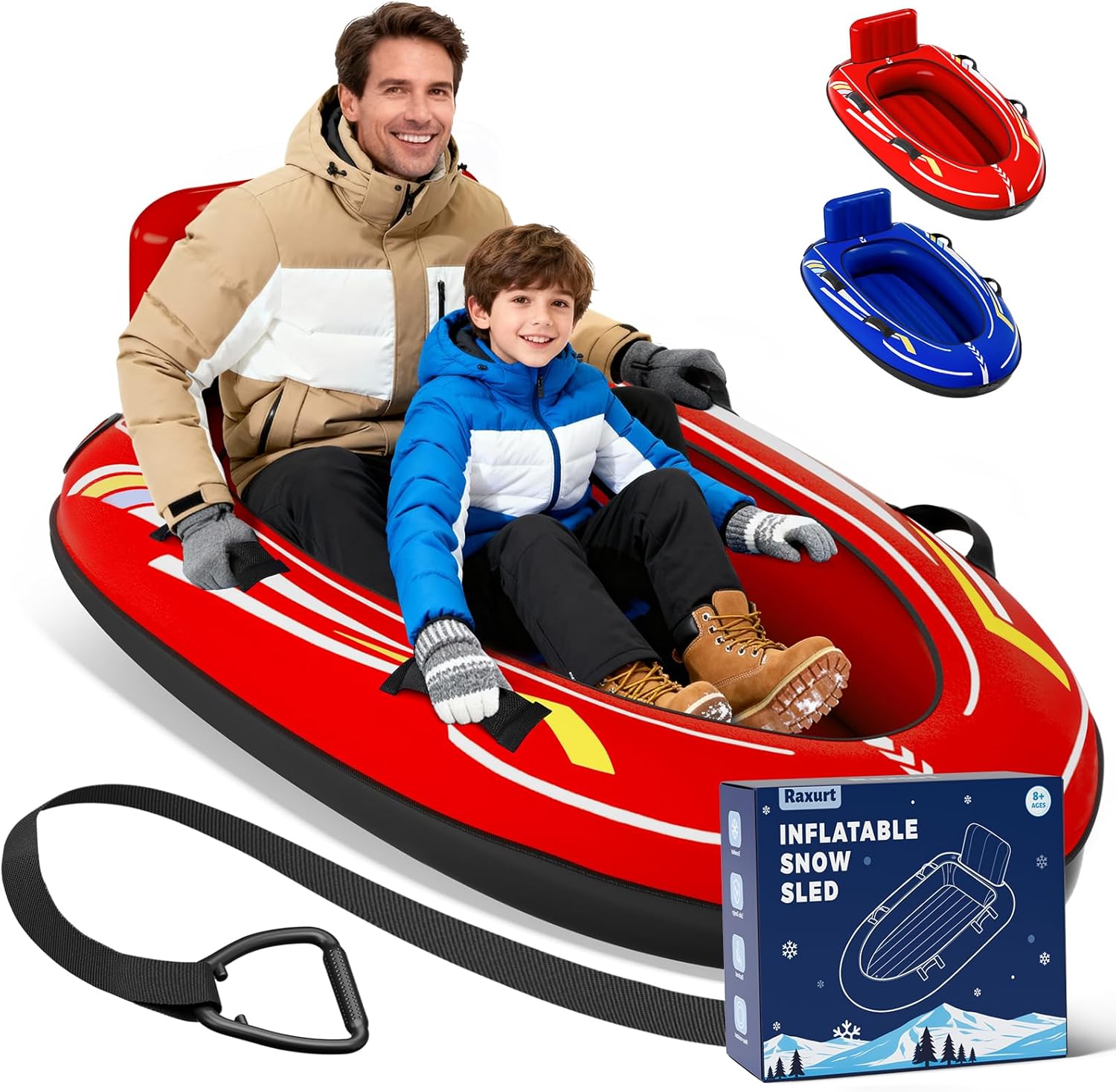 Raxurt Heavy Duty Snow Sled with Premium Canvas Cover, 2 Person Inflatable Snow Tube with Backrest & Bottom Anti-Skid Strips, Snow Sleds for Kids and Adults, Winter Outdoor Toys for Boys Girls Family