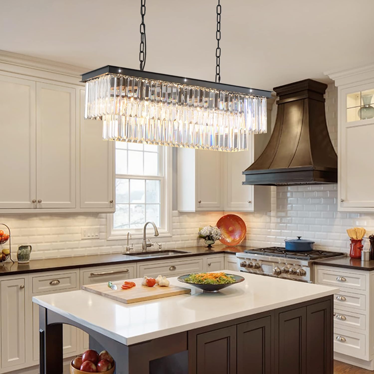 7PM 40 inch Crystal Chandeliers for Dining Room, Black Modern Rectangle Crystal Chandelier, Dining Room Light Fixtures Over Table for Living Room Dining Room Kitchen Island