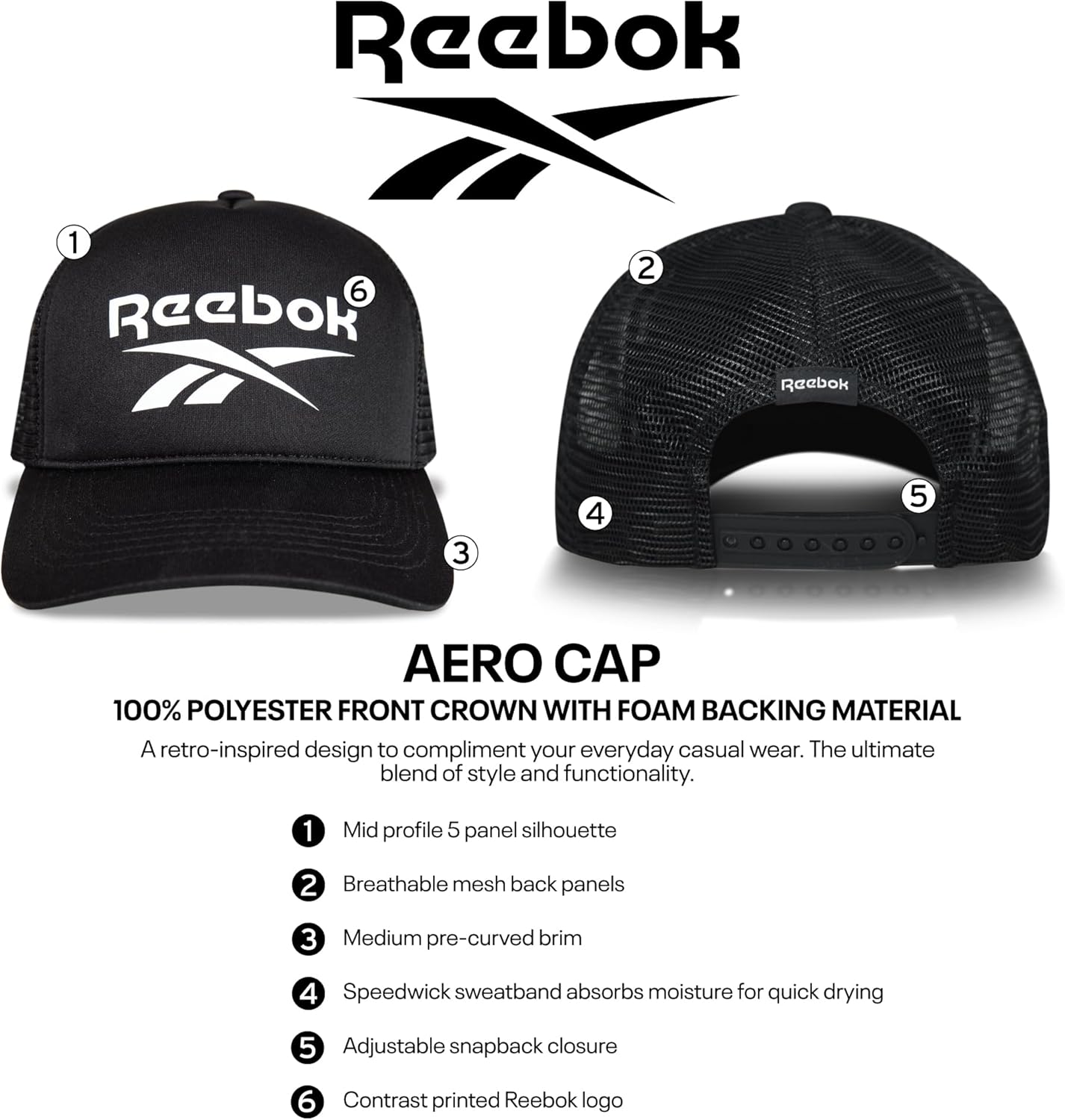 Reebok Aero Trucker Hat | Snapback | Adjustable | Mesh Back | Retro | Baseball | Streetwear | Urban | Lifestyle - White - Image 7