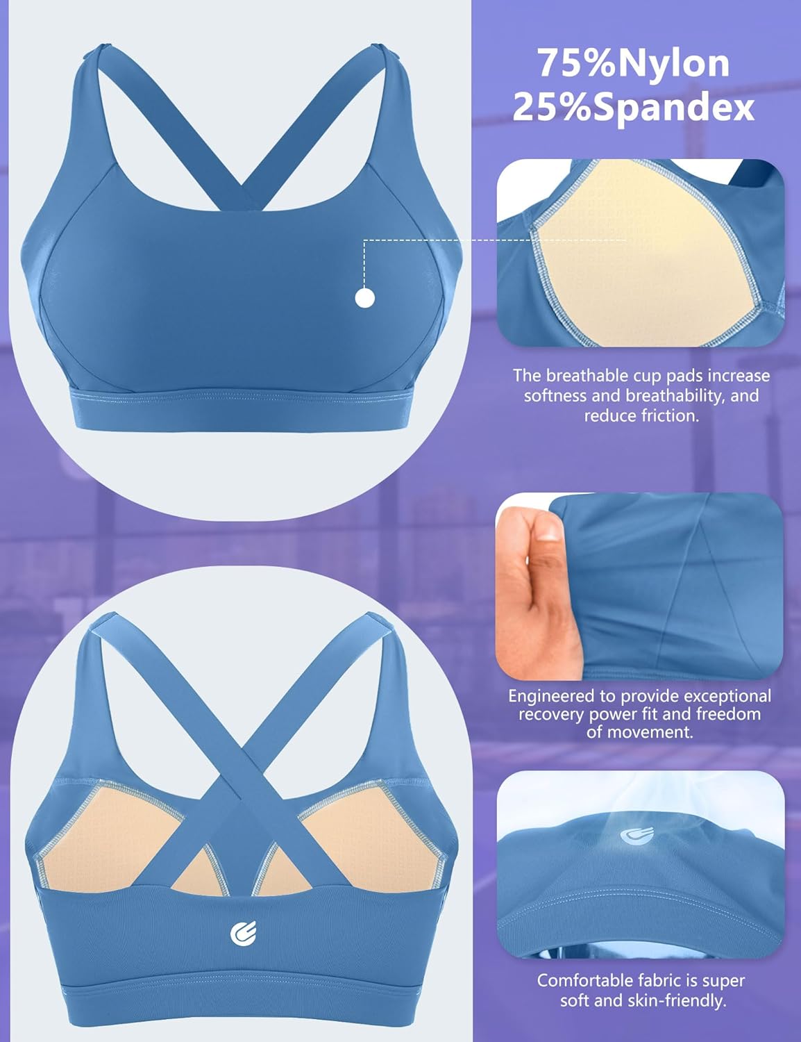 Cordaw Pickleball Sports Bras for Women High Support, Molded Cup Crisscross Back High Impact Workout Yoga Bra - Image 5