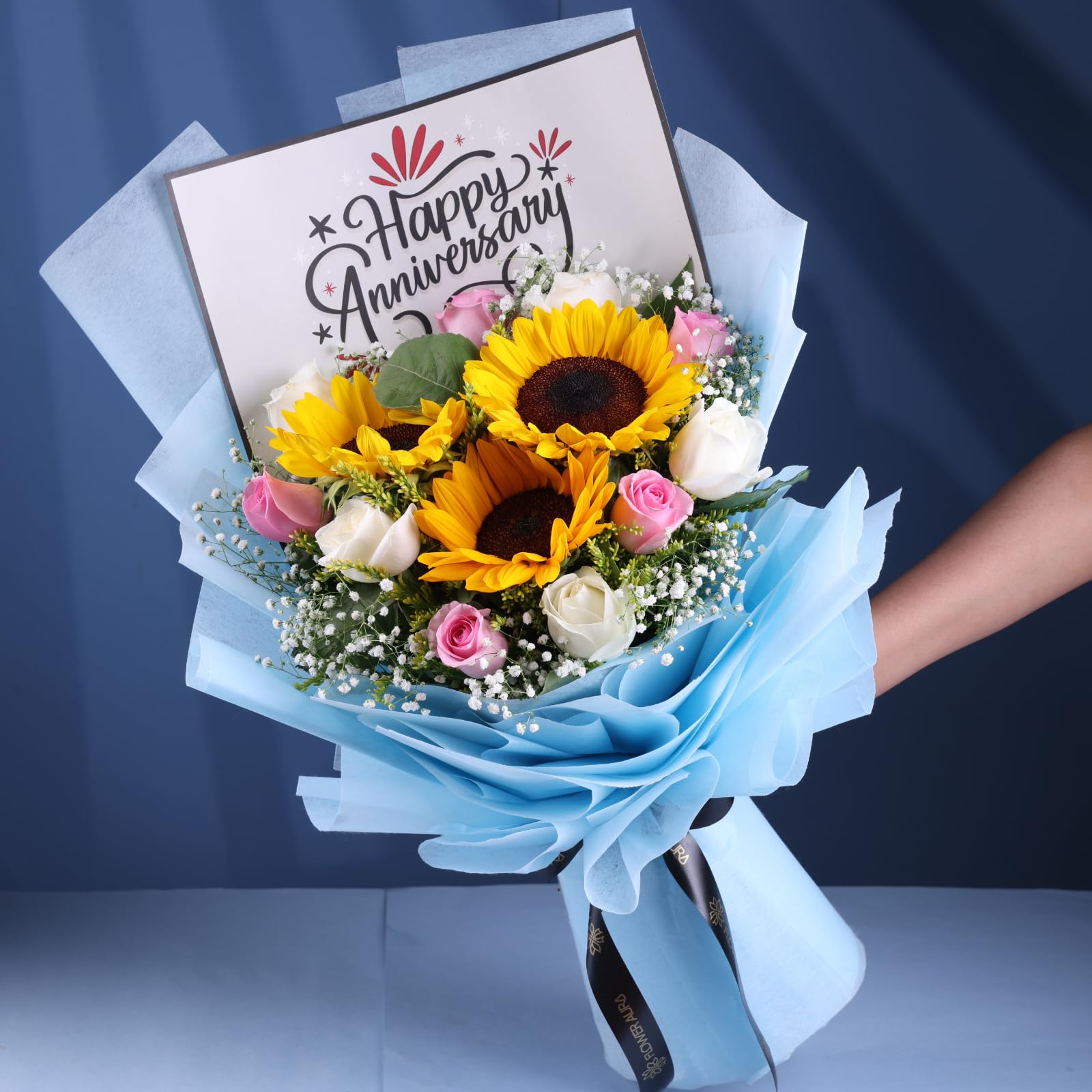 FlowerAura Premium Fresh Live Flower Bouquet of 3 Sunflowers, 10 White & Pink Roses Anniversary Gift For Girlfriend, Boyfriend, Wife, Husband, Parents, Friends & Relatives (Same Day Delivery)-image-30