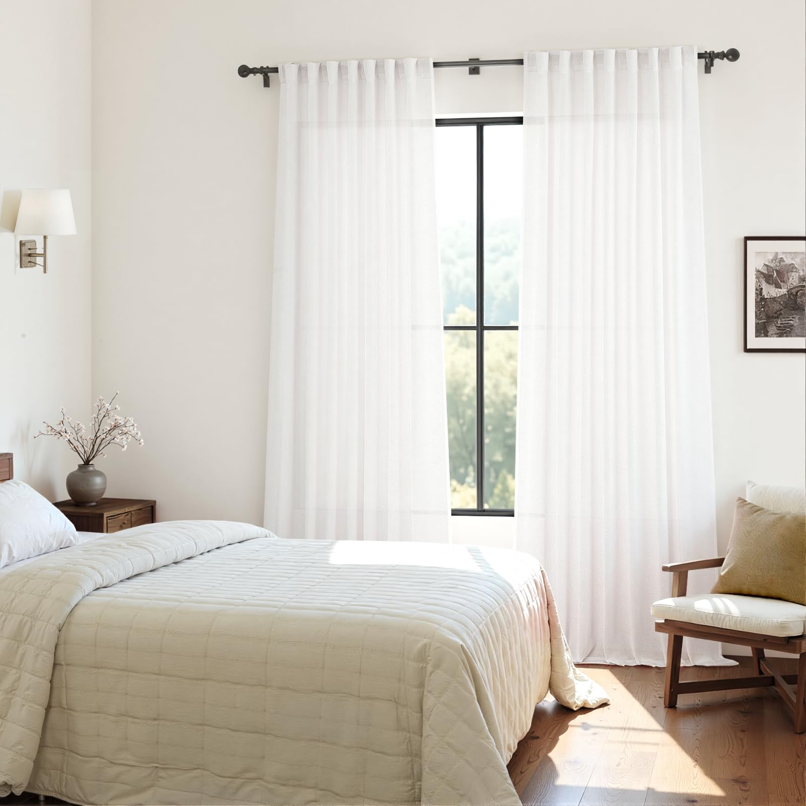CUTEWIND Gardine Weiss Leinen Halbtransparent 2er Set Vorhänge Wohnzimmer Modern H 200 x B 140 cm, Vorhang Weiß Leinen Schlafzimmer Curtains Living Room, mit verdeckten Schlaufen