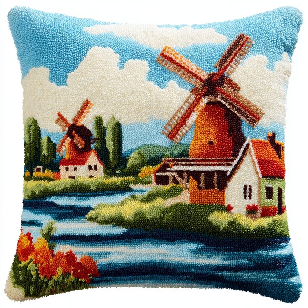 WallustrioaW Pre Printed Latch Hook Kits for Beginners,Windmills in the Village
