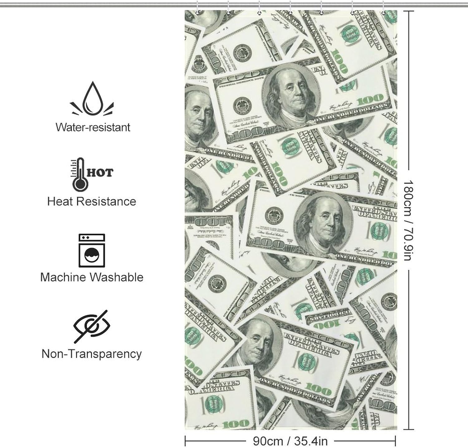Money Hundred Dollar Bills Funny Shower Curtains Washable Bath Curtain Liner with Hooks for Bathroom Bath Tubs